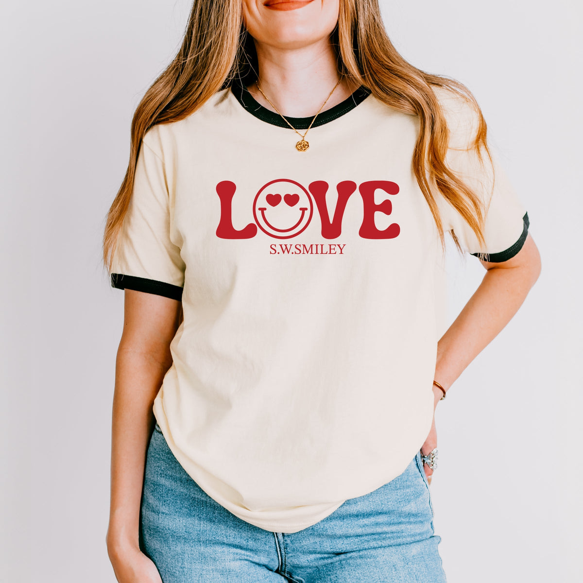 S.W.Smiley Love Smile - Women's Ringer Graphic T-Shirt
