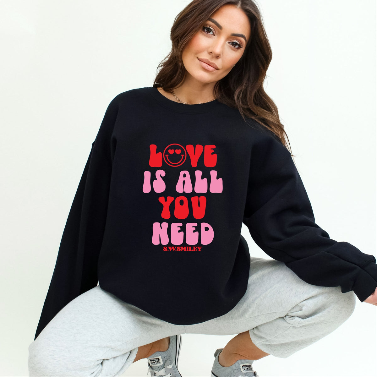 S.W.Smiley Love Is All You Need Smiley -  Women's Graphic Sweatshirt