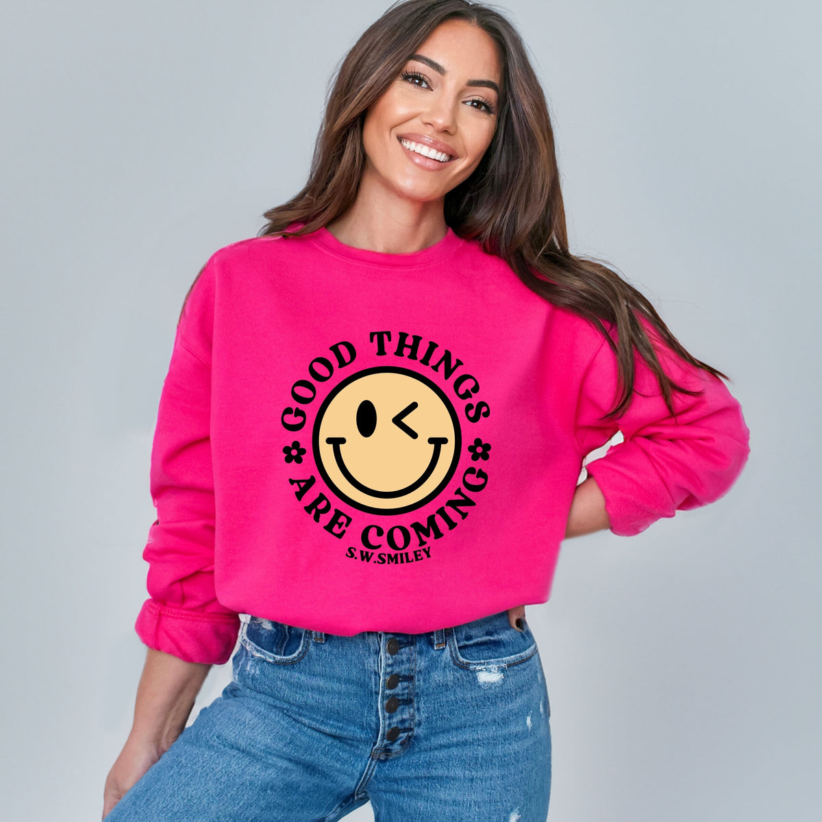 S.W.Smiley Good Things Are Coming Smiley Face -  Women's Graphic Sweatshirt