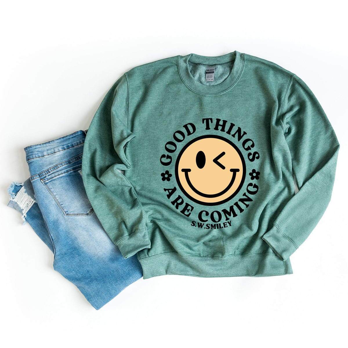 S.W.Smiley Good Things Are Coming Smiley Face -  Women's Graphic Sweatshirt
