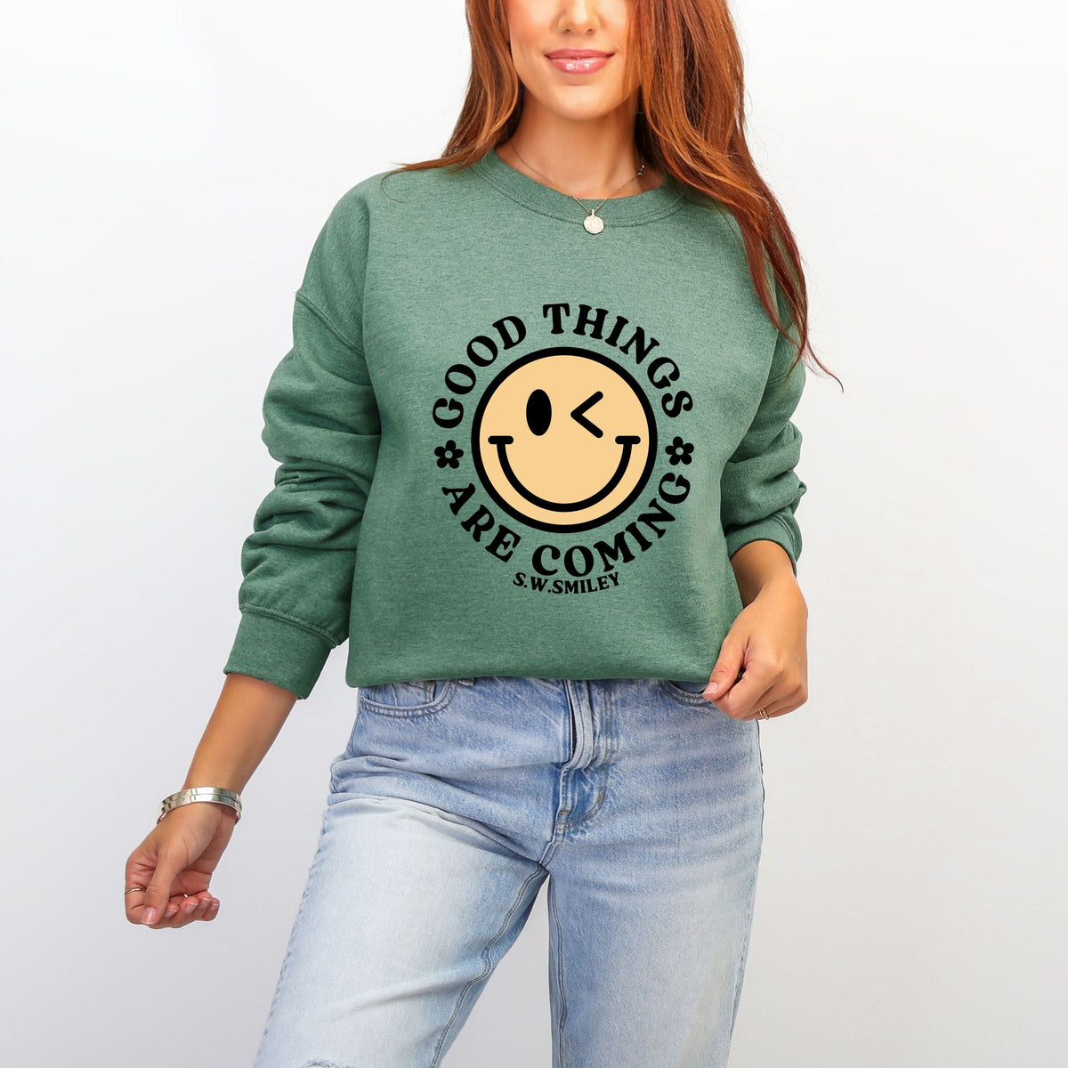 S.W.Smiley Good Things Are Coming Smiley Face -  Women's Graphic Sweatshirt