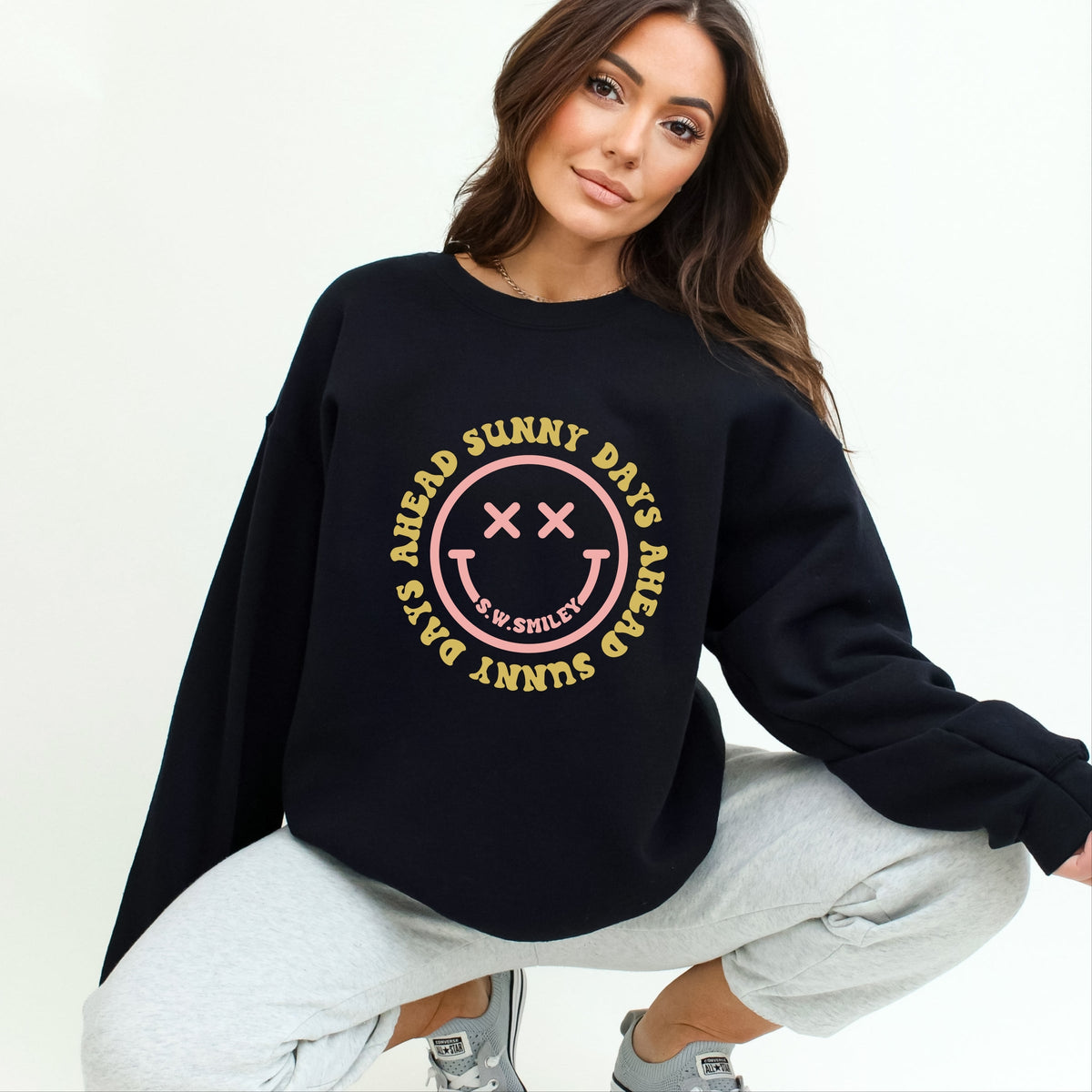 S.W.Smiley Sunny Days Ahead Smiley Face -  Women's Graphic Sweatshirt