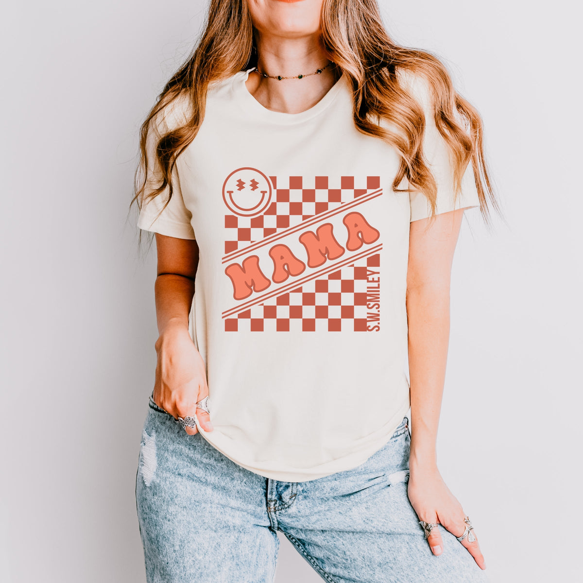 S.W.Smiley Mama Checkerboard Smiley Face - Women's Short Sleeve Graphic T-Shirt