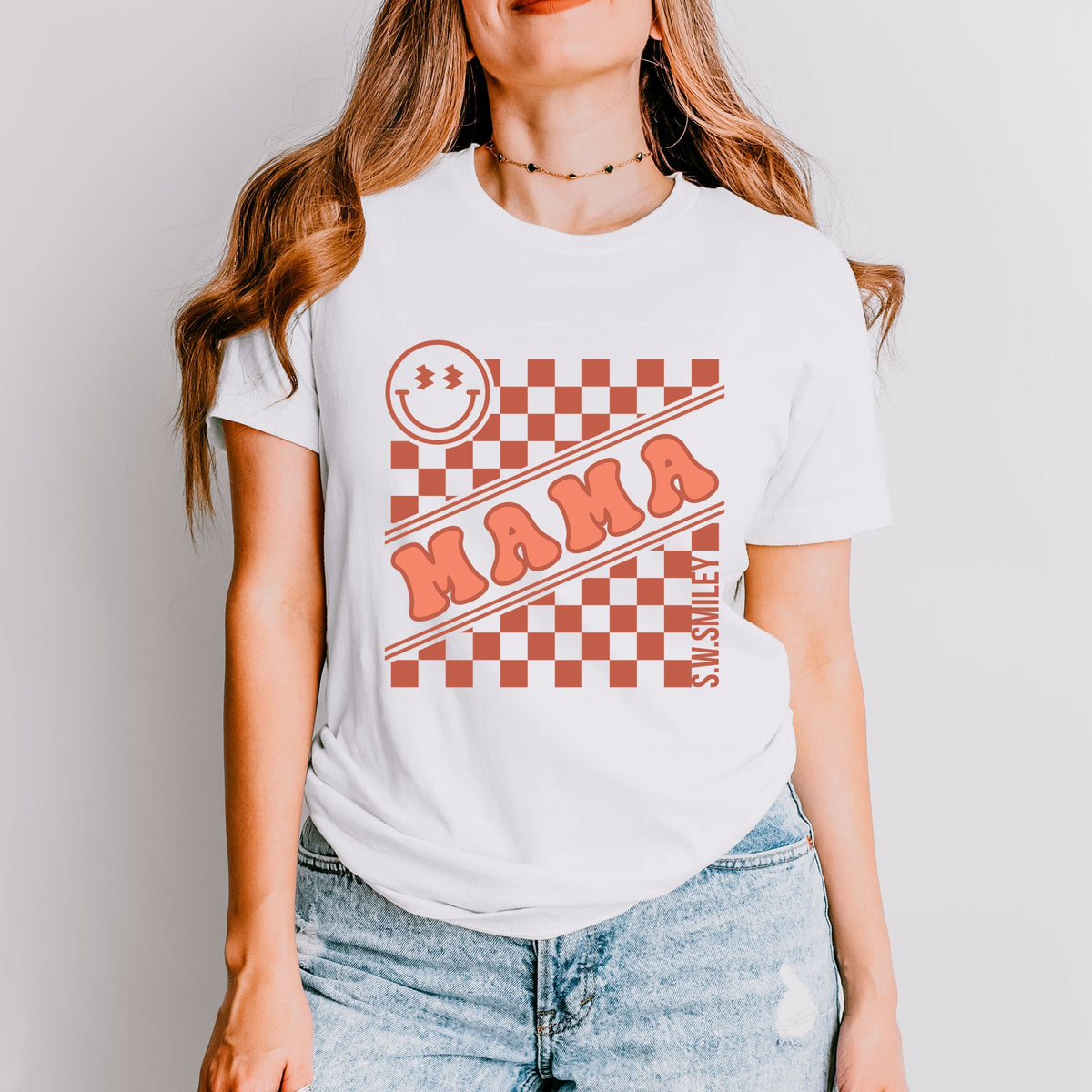 S.W.Smiley Mama Checkerboard Smiley Face - Women's Short Sleeve Graphic T-Shirt