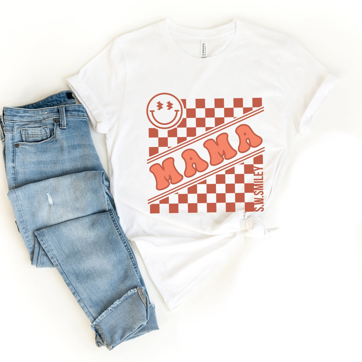 S.W.Smiley Mama Checkerboard Smiley Face - Women's Short Sleeve Graphic T-Shirt