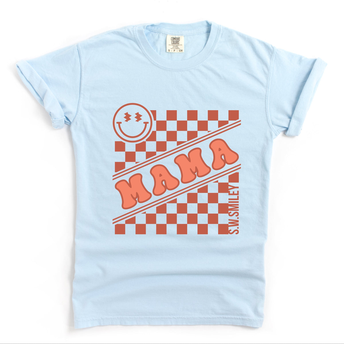 S.W.Smiley Mama Checkerboard Smiley Face - Women's Garment Dyed Graphic T-Shirt