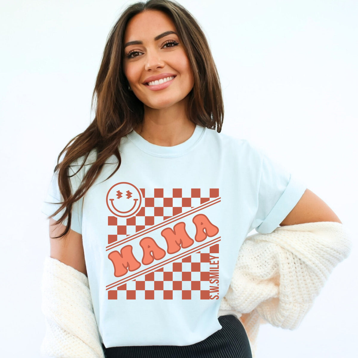 S.W.Smiley Mama Checkerboard Smiley Face - Women's Garment Dyed Graphic T-Shirt