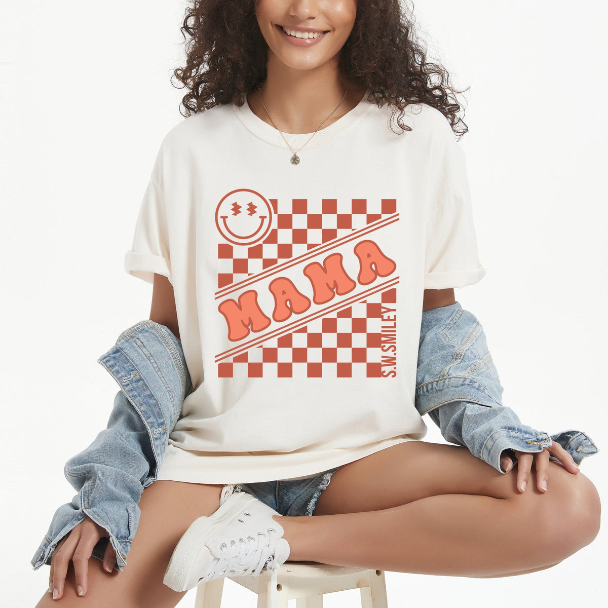 S.W.Smiley Mama Checkerboard Smiley Face - Women's Garment Dyed Graphic T-Shirt