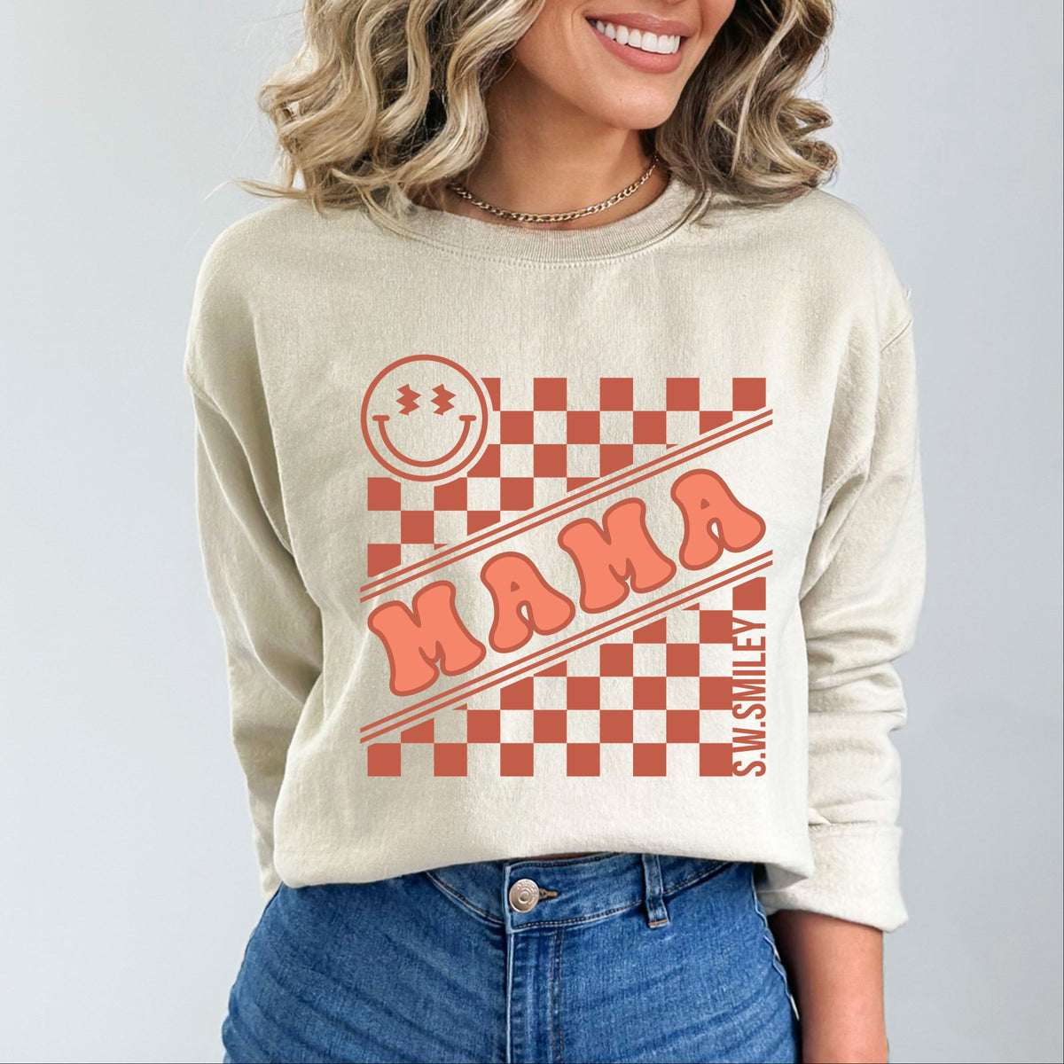S.W.Smiley Mama Checkerboard Smiley Face -  Women's Graphic Sweatshirt