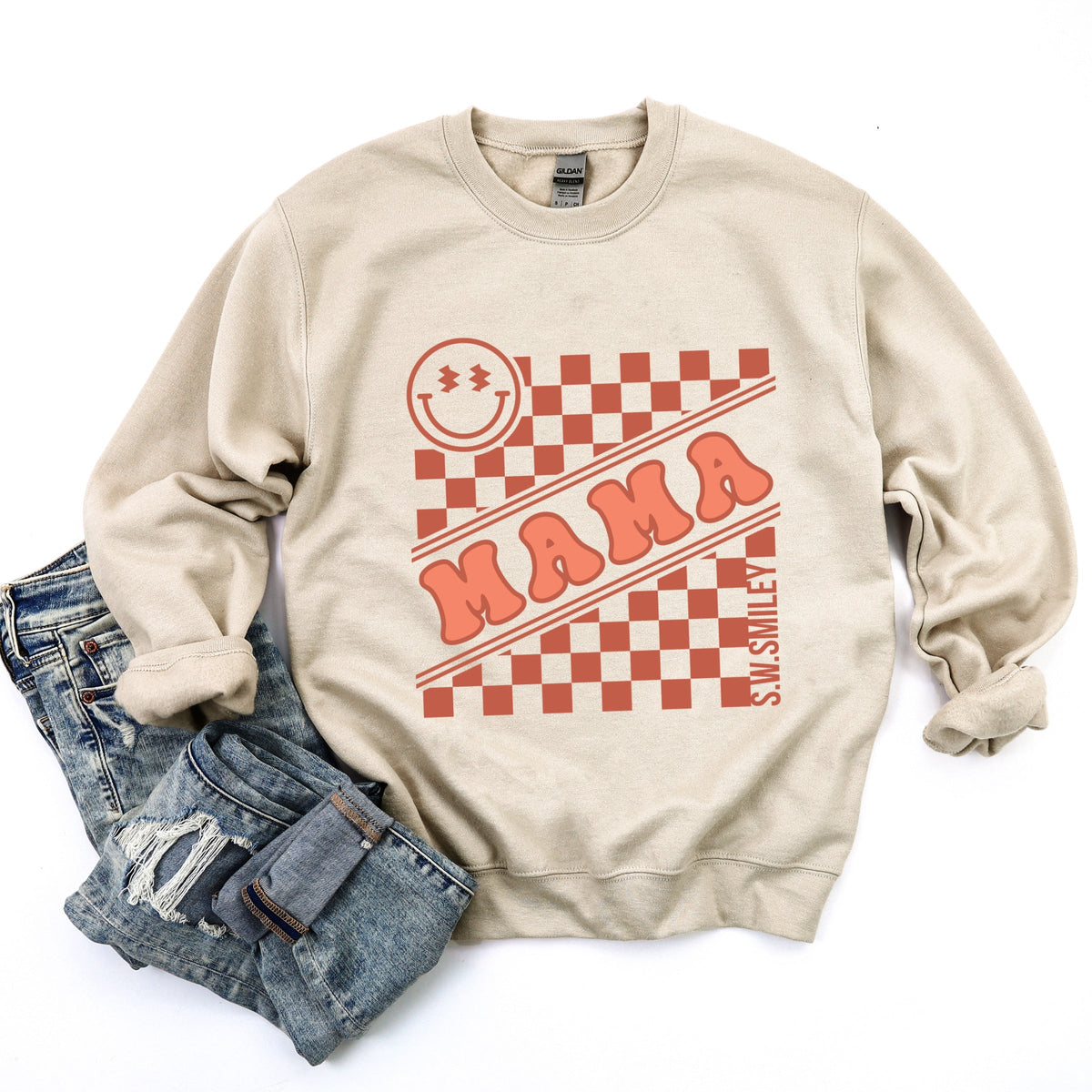 S.W.Smiley Mama Checkerboard Smiley Face -  Women's Graphic Sweatshirt
