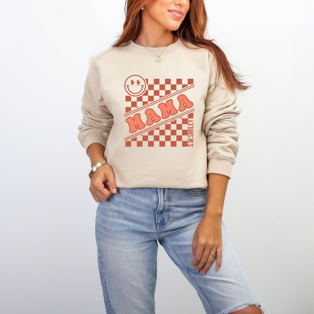 S.W.Smiley Mama Checkerboard Smiley Face -  Women's Graphic Sweatshirt
