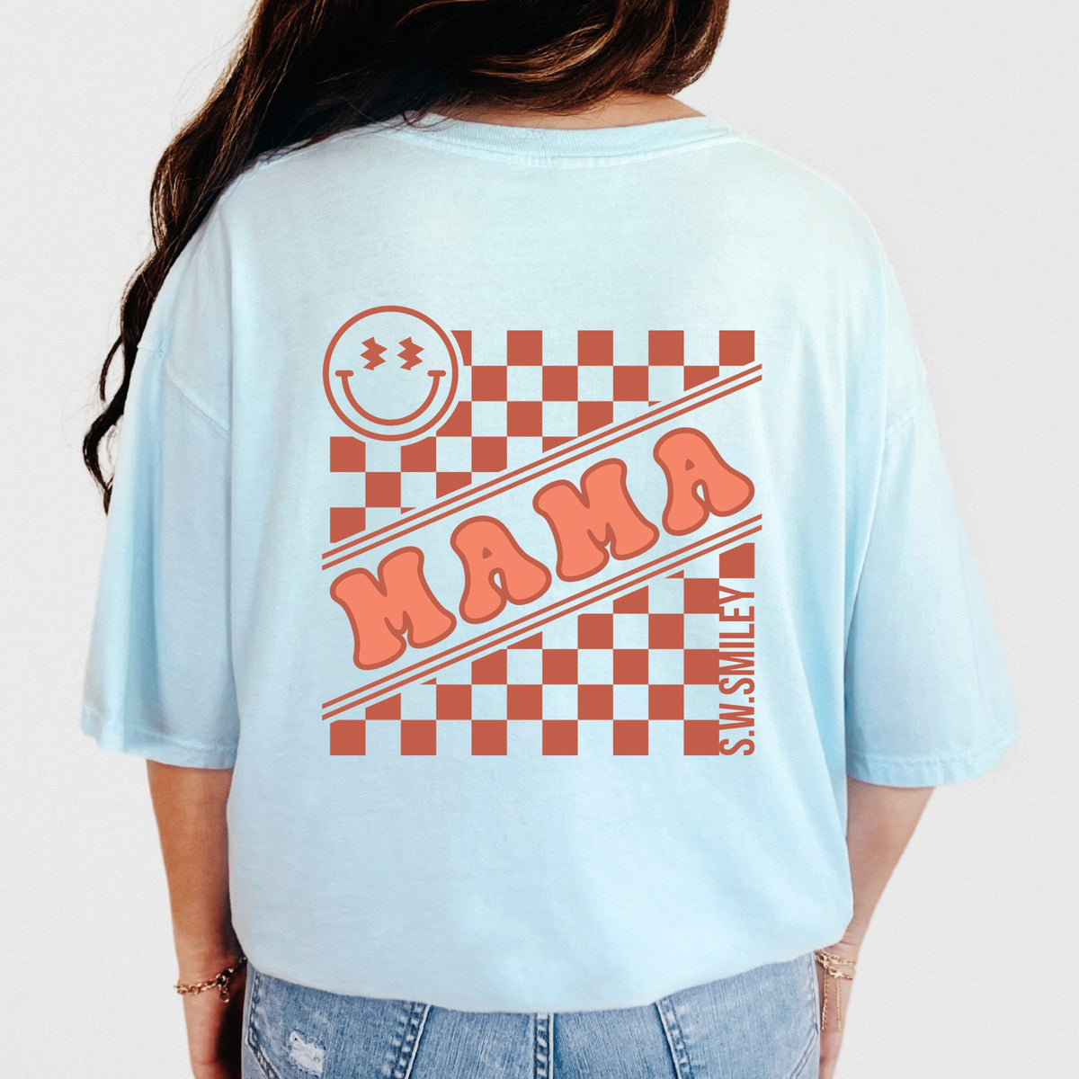 S.W.Smiley Mama Checkerboard Smiley Face Front and Back Design - Women's Garment Dyed Graphic T-Shirt