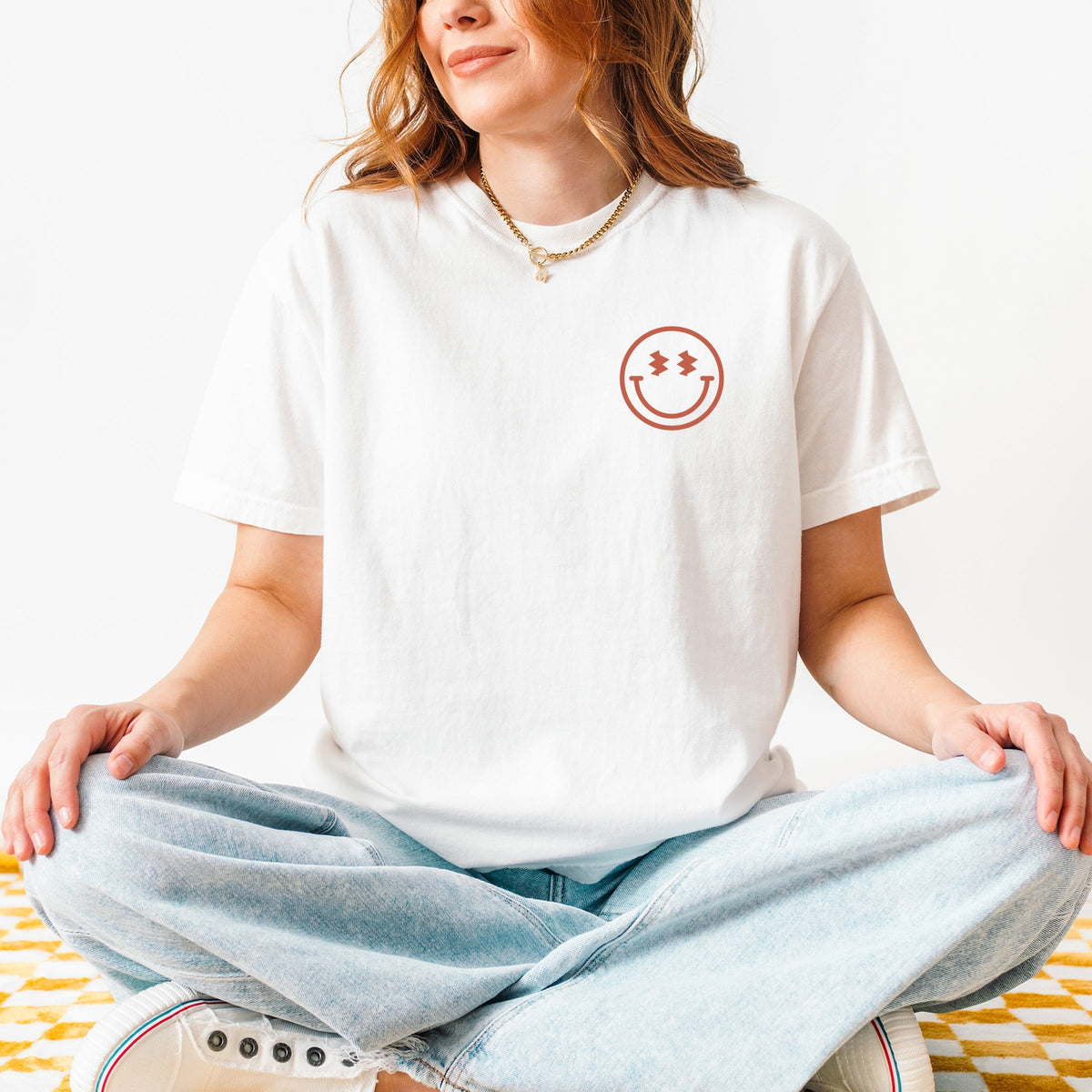S.W.Smiley Mama Checkerboard Smiley Face Front and Back Design - Women's Garment Dyed Graphic T-Shirt