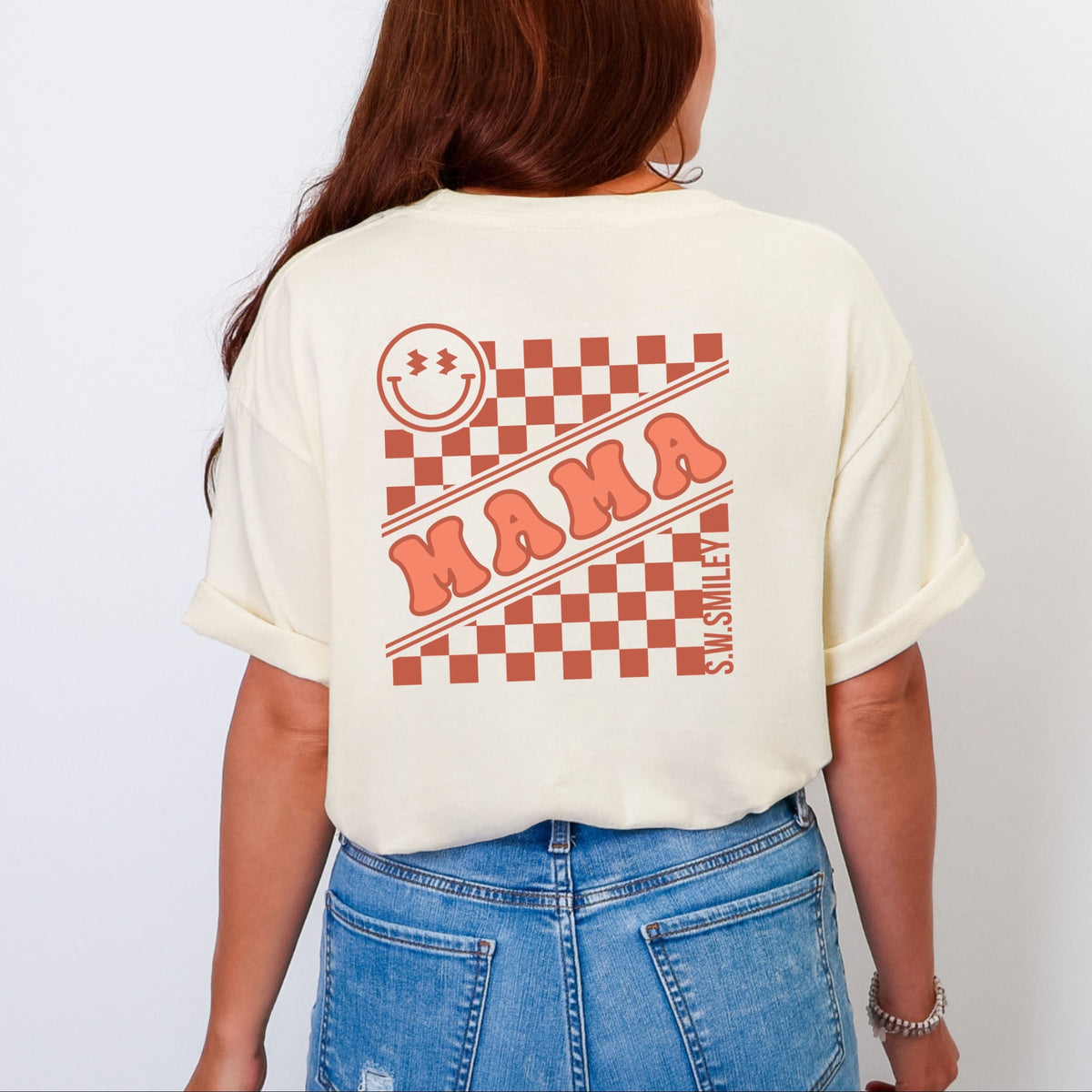 S.W.Smiley Mama Checkerboard Smiley Face Front and Back Design - Women's Garment Dyed Graphic T-Shirt