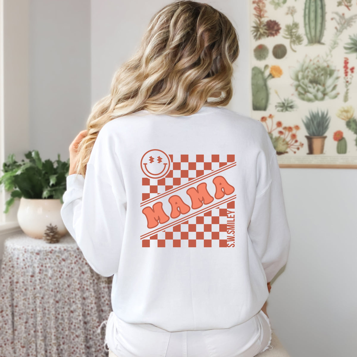 S.W.Smiley Mama Checkerboard Smiley Face Front and Back Design -  Women's Graphic Sweatshirt