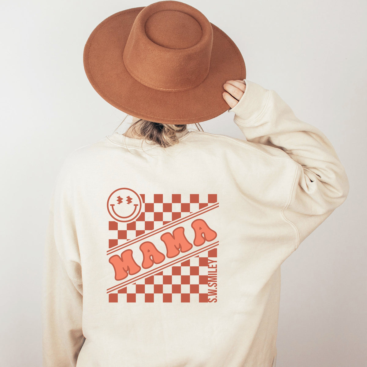 S.W.Smiley Mama Checkerboard Smiley Face Front and Back Design -  Women's Graphic Sweatshirt