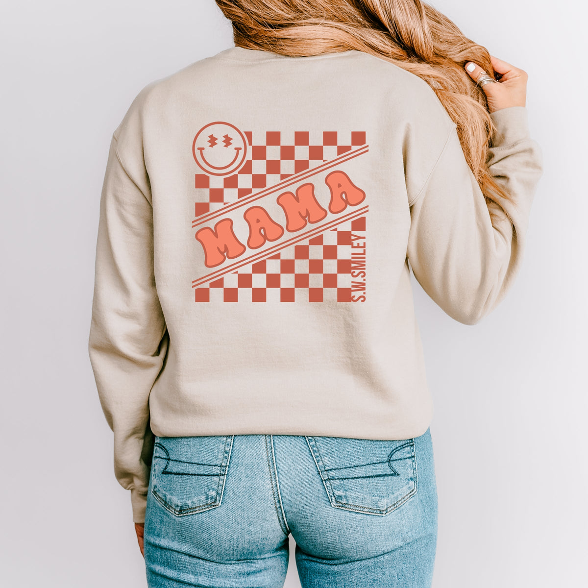 S.W.Smiley Mama Checkerboard Smiley Face Front and Back Design -  Women's Graphic Sweatshirt