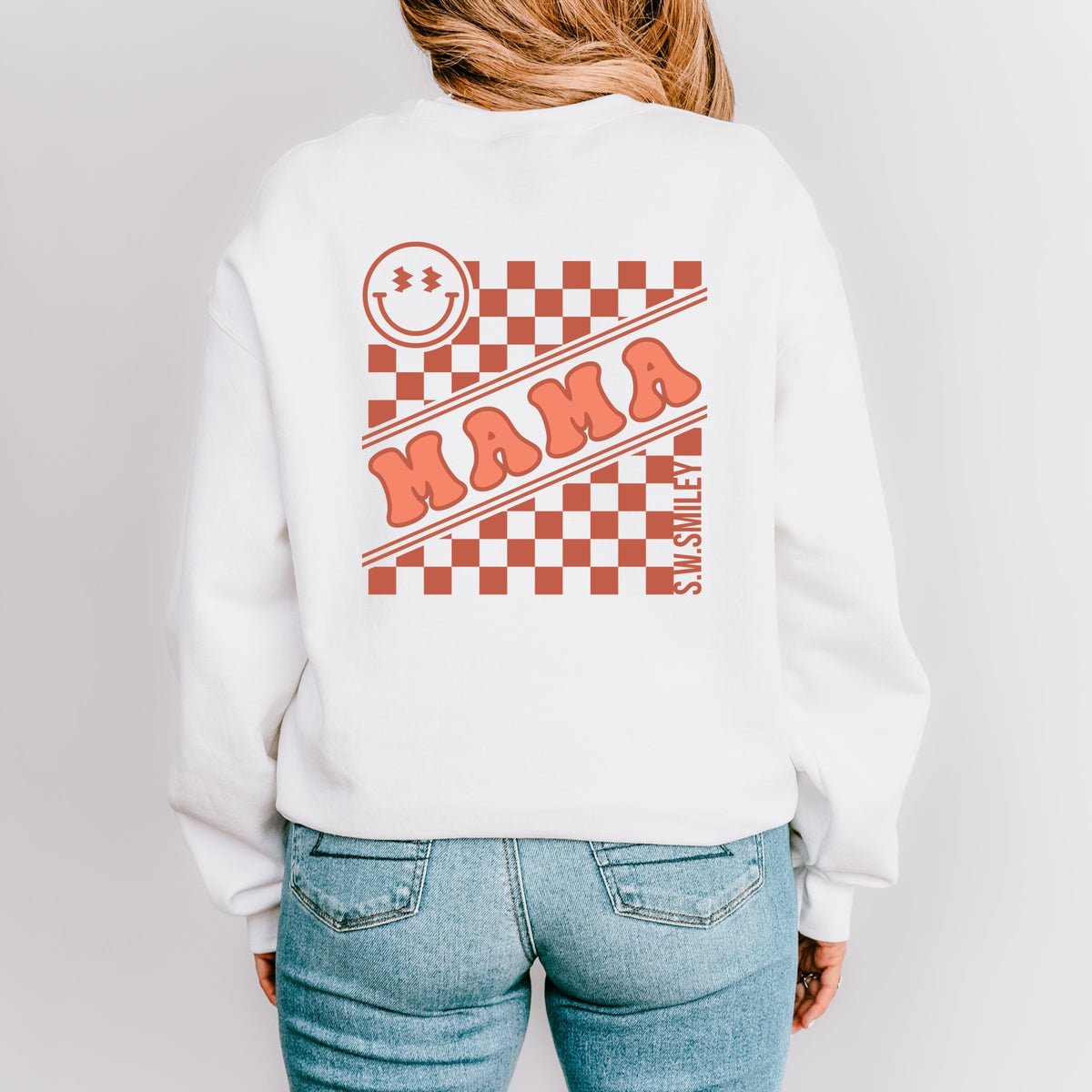S.W.Smiley Mama Checkerboard Smiley Face Front and Back Design -  Women's Graphic Sweatshirt