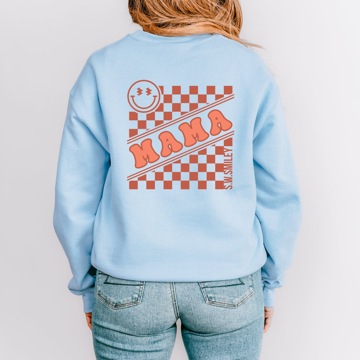 S.W.Smiley Mama Checkerboard Smiley Face Front and Back Design -  Women's Graphic Sweatshirt