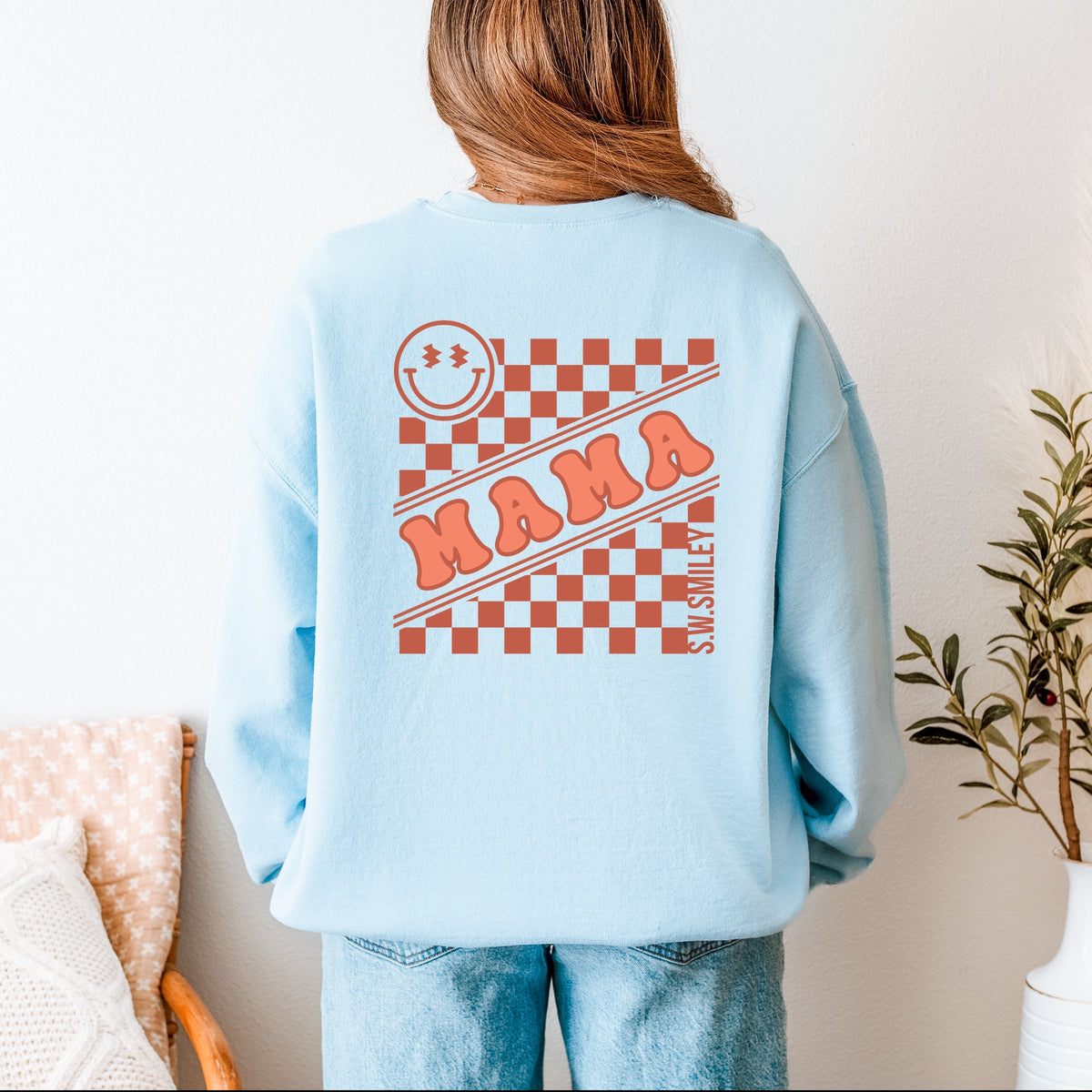 S.W.Smiley Mama Checkerboard Smiley Face Front and Back Design -  Women's Graphic Sweatshirt