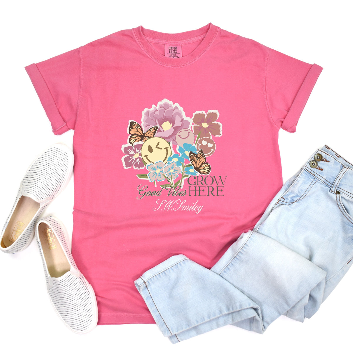 S.W.Smiley Good Vibes Grow Here Flowers - Women's Garment Dyed Graphic T-Shirt