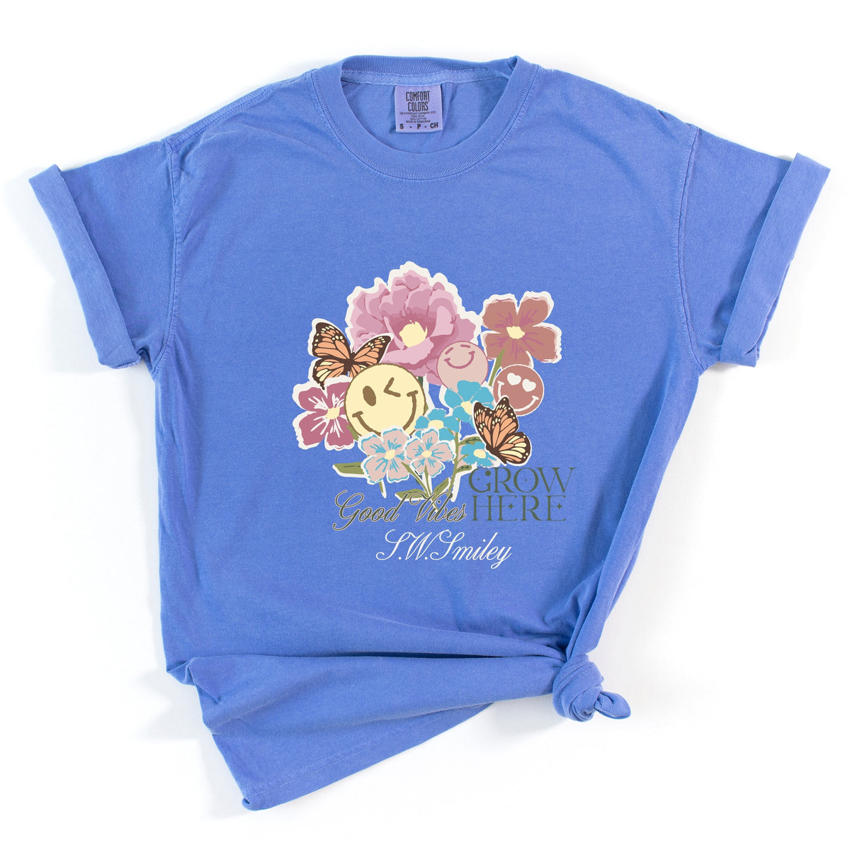S.W.Smiley Good Vibes Grow Here Flowers - Women's Garment Dyed Graphic T-Shirt