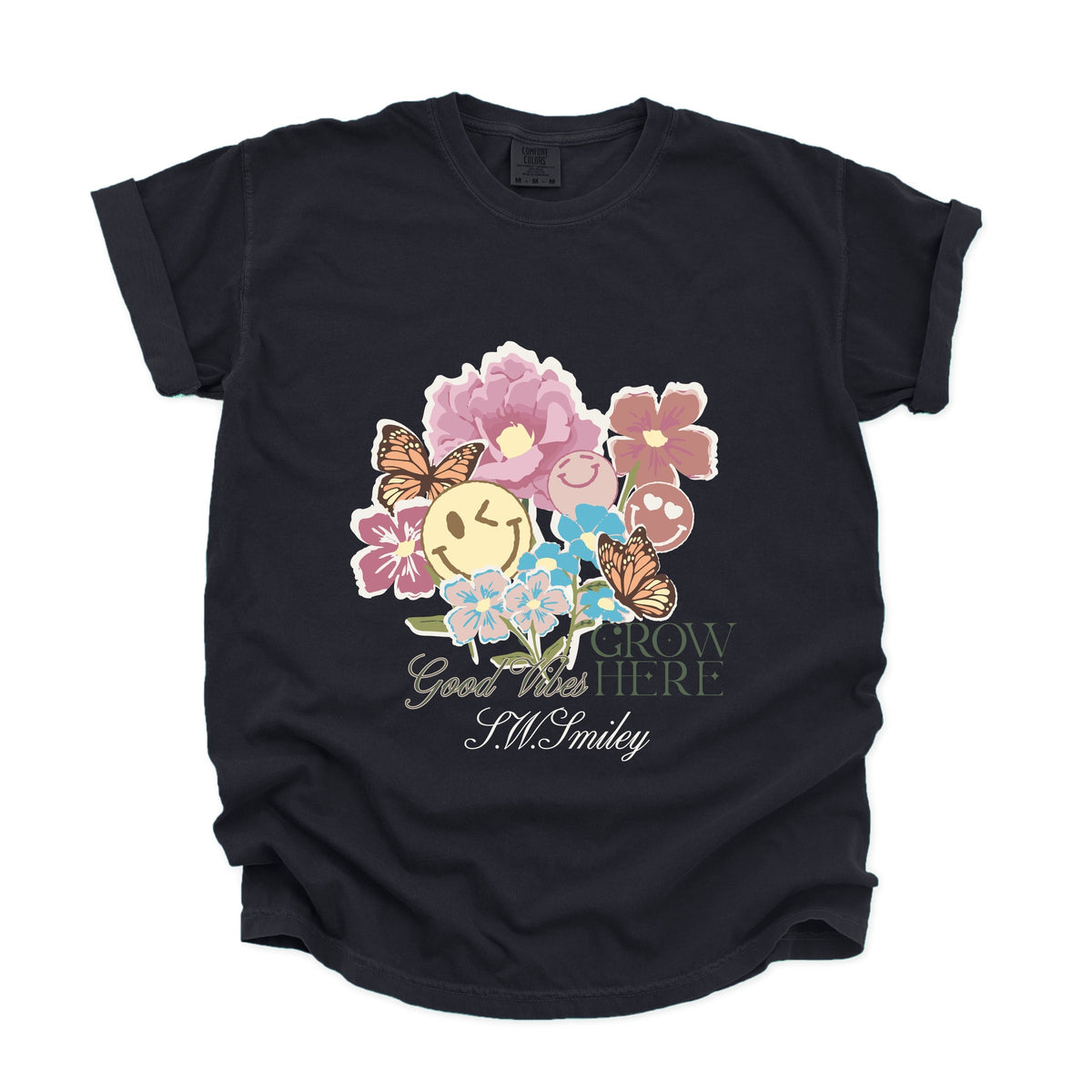 S.W.Smiley Good Vibes Grow Here Flowers - Women's Garment Dyed Graphic T-Shirt