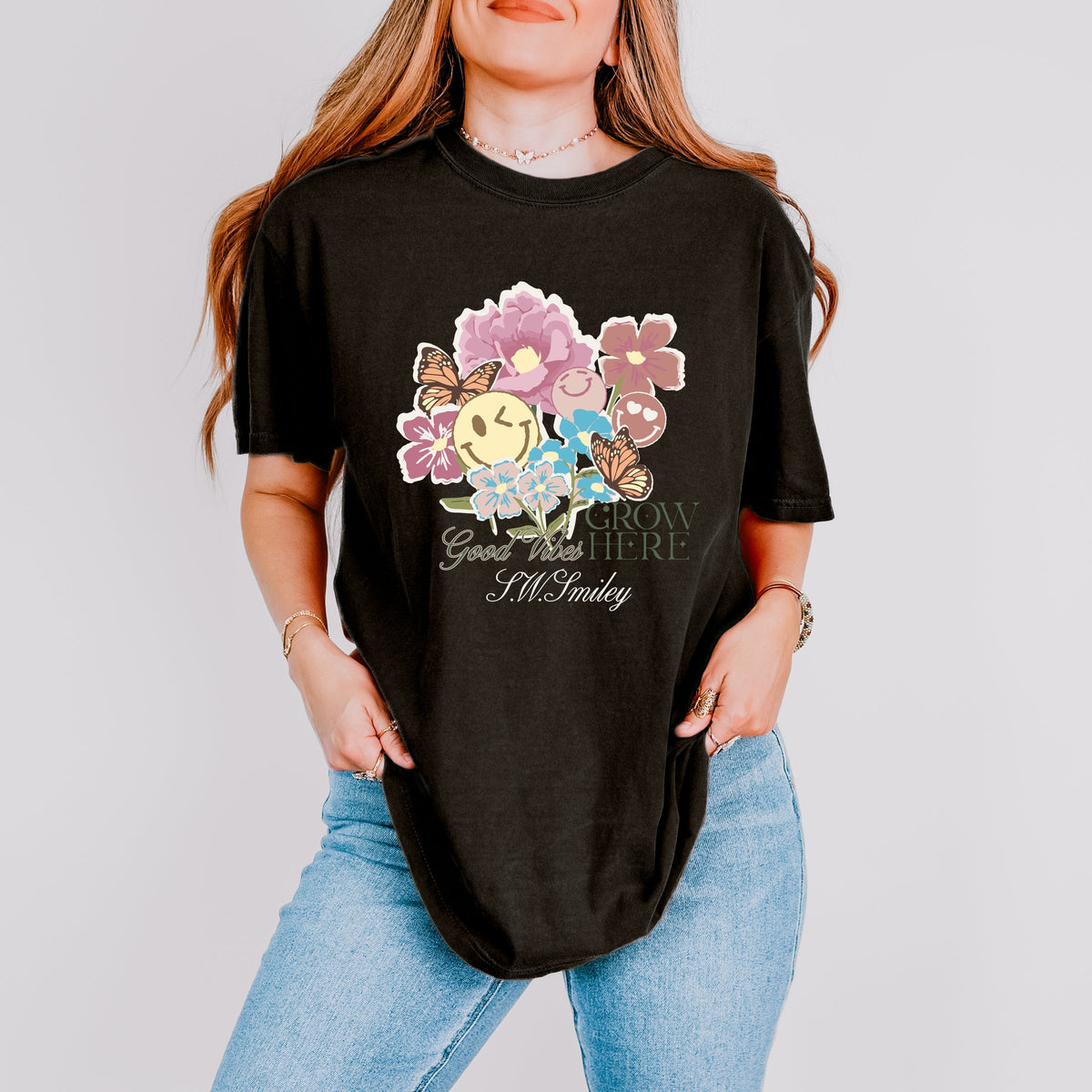 S.W.Smiley Good Vibes Grow Here Flowers - Women's Garment Dyed Graphic T-Shirt