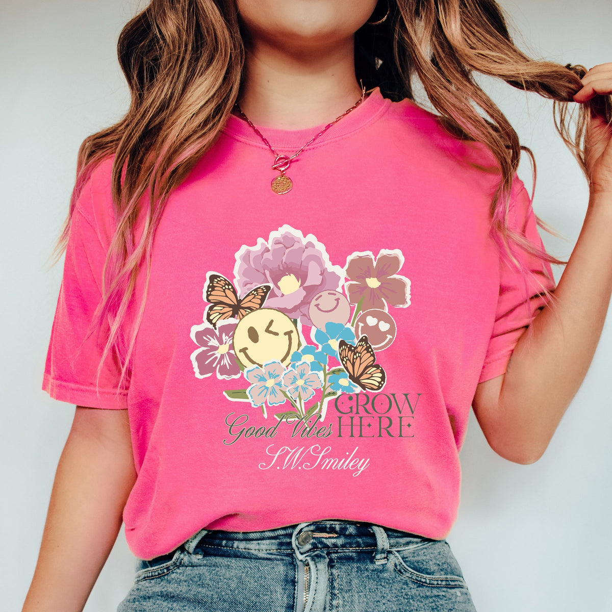 S.W.Smiley Good Vibes Grow Here Flowers - Women's Garment Dyed Graphic T-Shirt