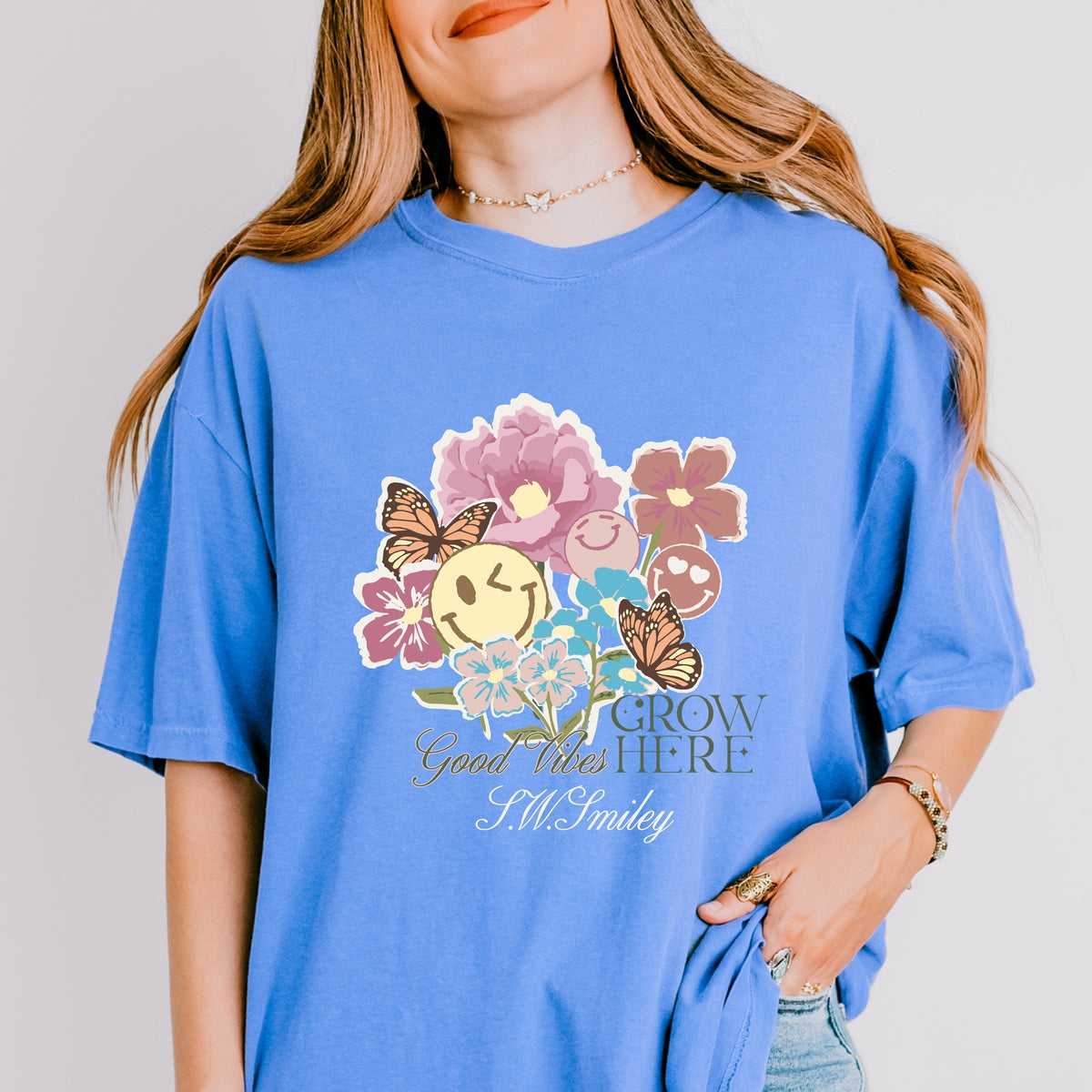 S.W.Smiley Good Vibes Grow Here Flowers - Women's Garment Dyed Graphic T-Shirt