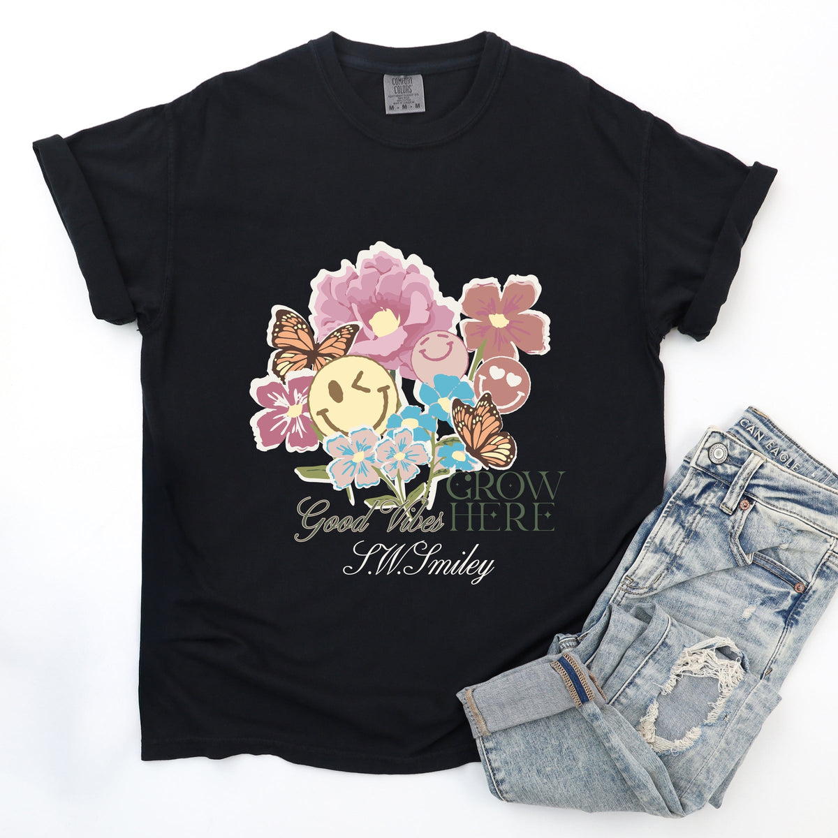 S.W.Smiley Good Vibes Grow Here Flowers - Women's Garment Dyed Graphic T-Shirt