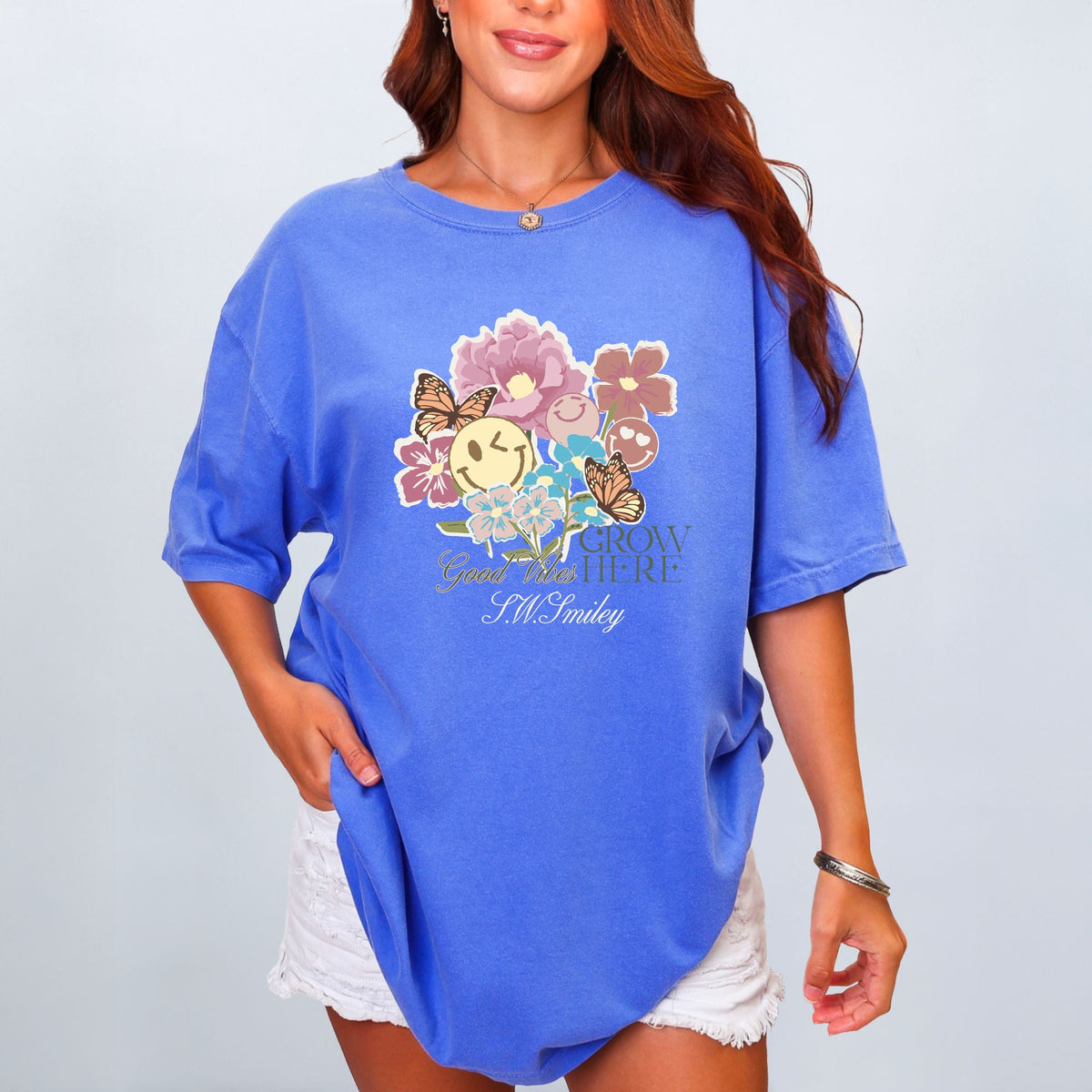 S.W.Smiley Good Vibes Grow Here Flowers - Women's Garment Dyed Graphic T-Shirt