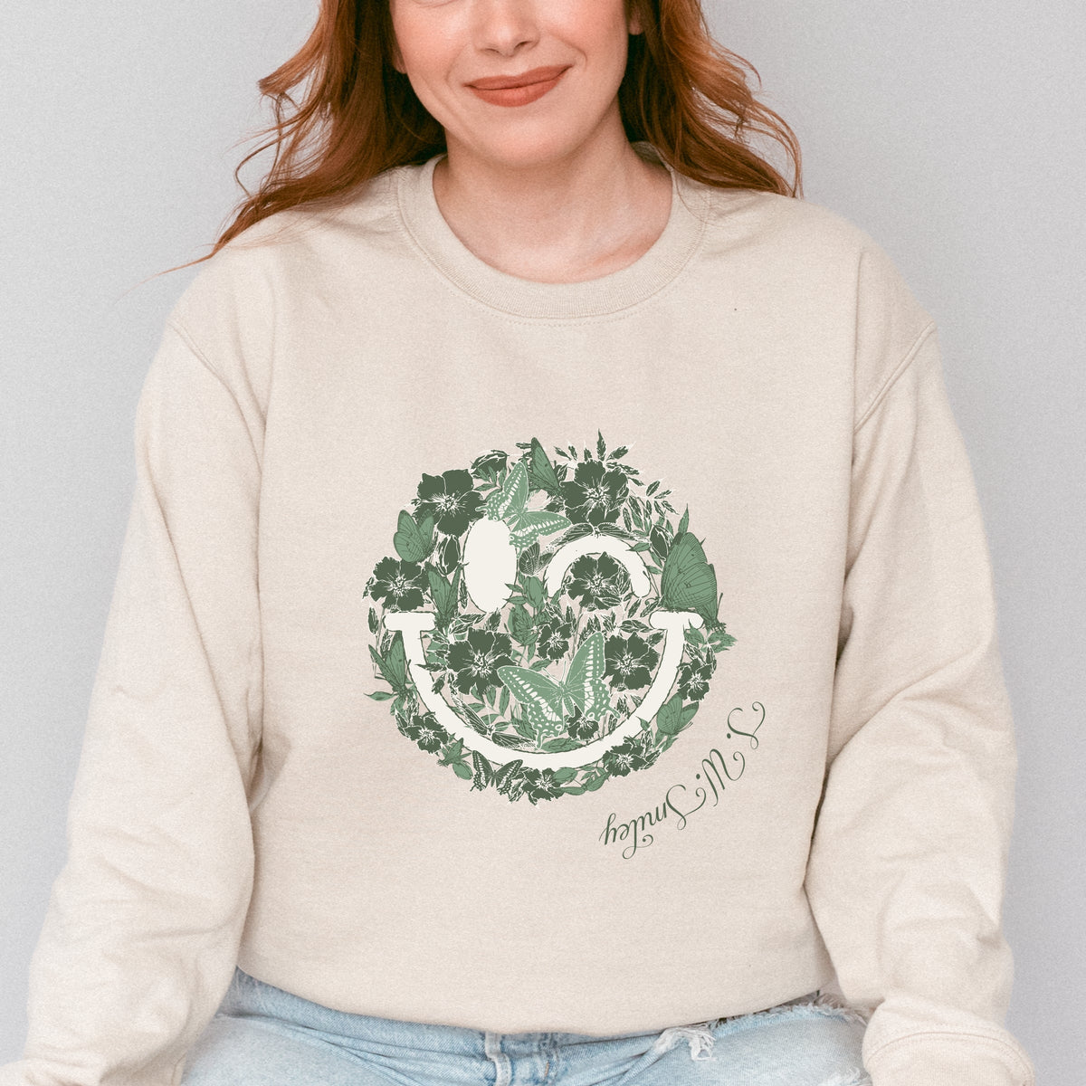 S.W.Smiley Green Floral Butterflies - Women's Graphic Sweatshirt