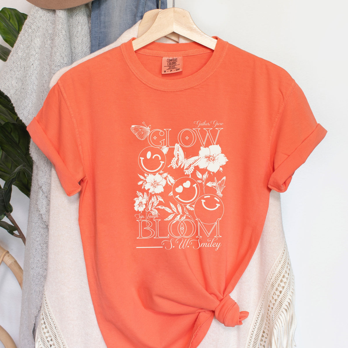 S.W.Smiley Gather, Grow, Glow - Women's Garment Dyed Graphic T-Shirt