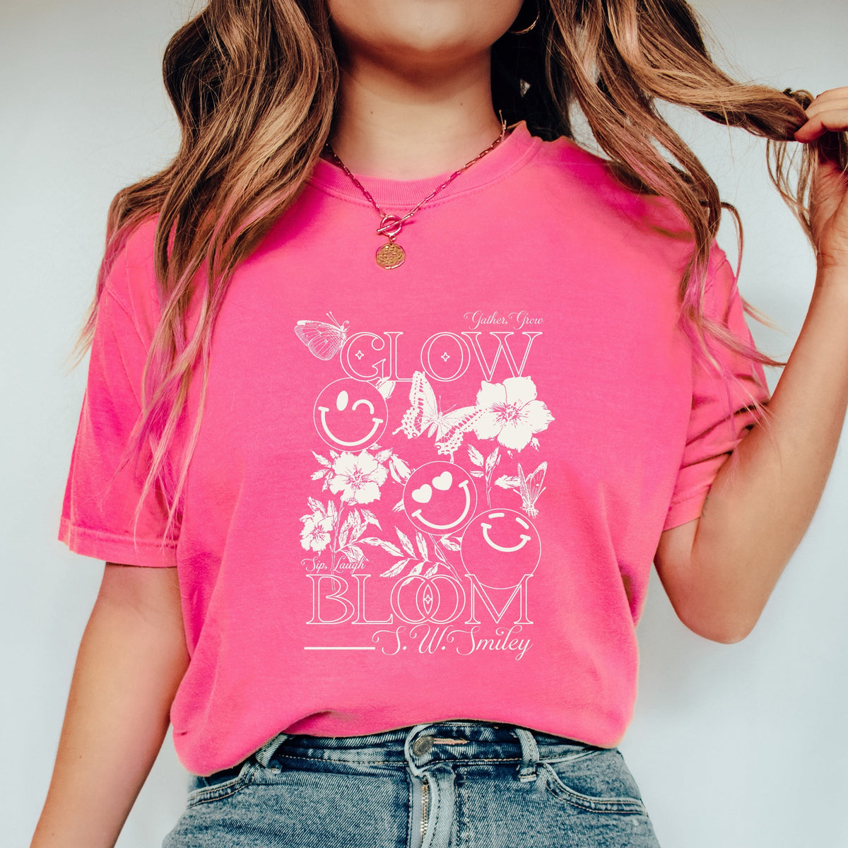 S.W.Smiley Gather, Grow, Glow - Women's Garment Dyed Graphic T-Shirt