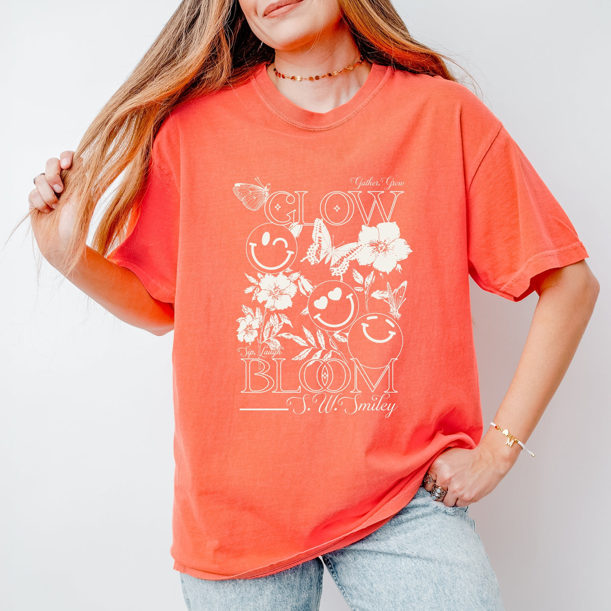 S.W.Smiley Gather, Grow, Glow - Women's Garment Dyed Graphic T-Shirt