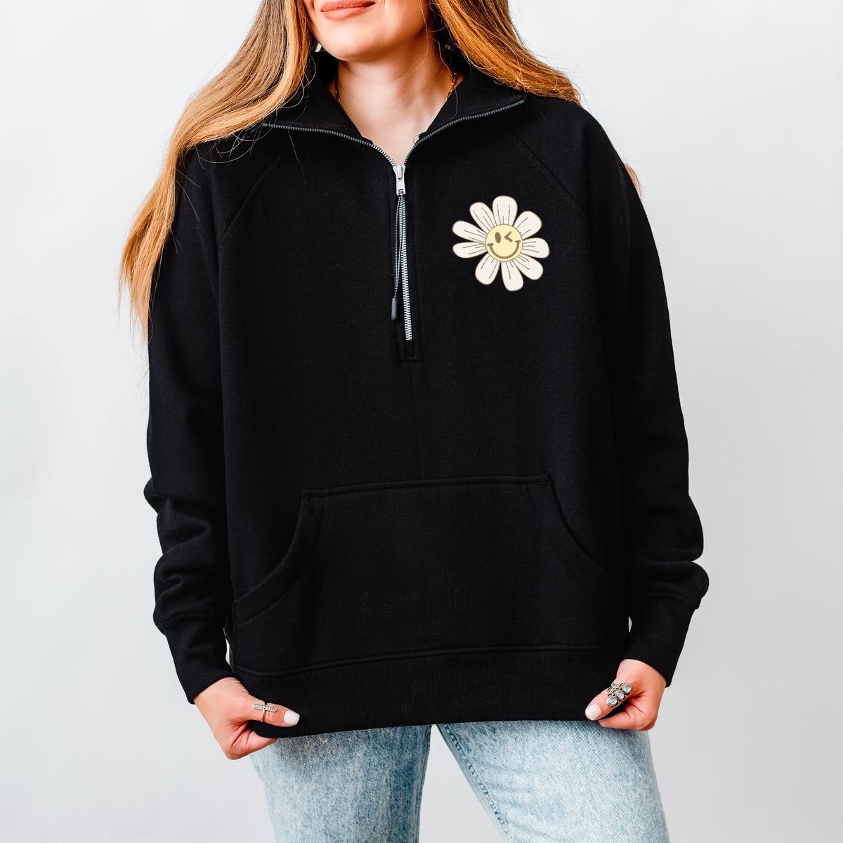 S.W.Smiley Blooming Daisies - Women's Quarter Zip Fleece Graphic Sweatshirt