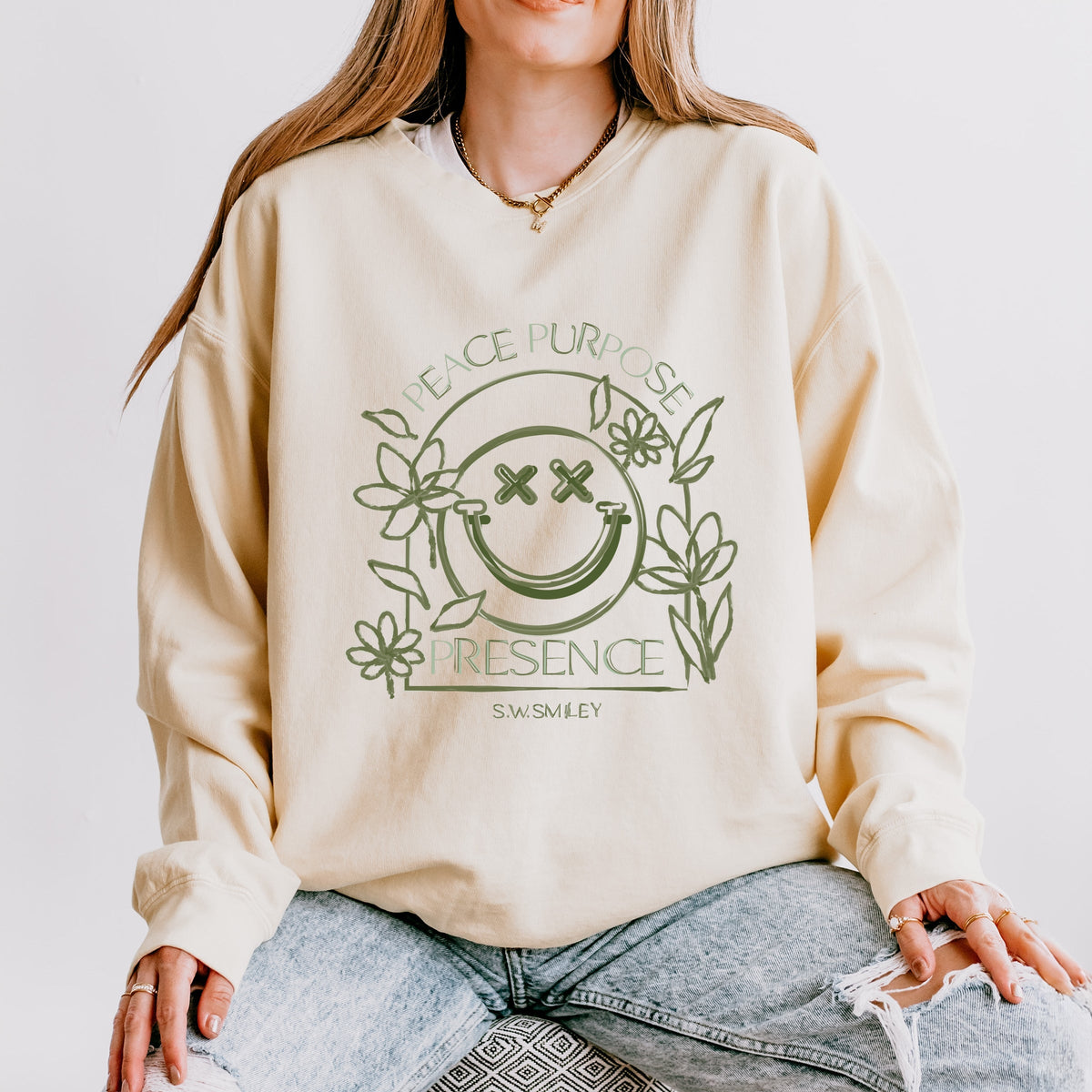 S.W.Smiley Peace Purpose Presence - Women's Lightweight Garment Dyed Sweatshirt
