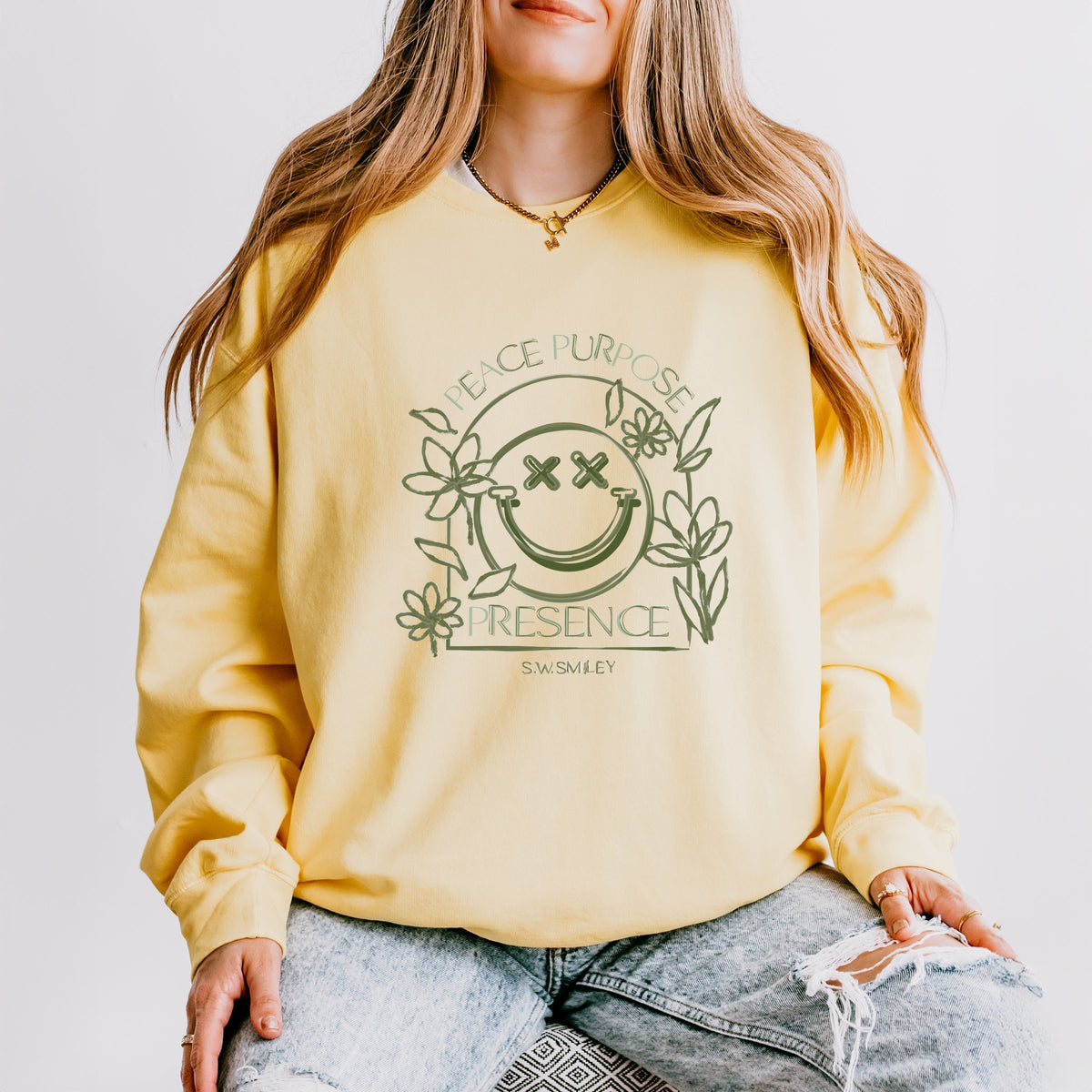 S.W.Smiley Peace Purpose Presence - Women's Lightweight Garment Dyed Sweatshirt