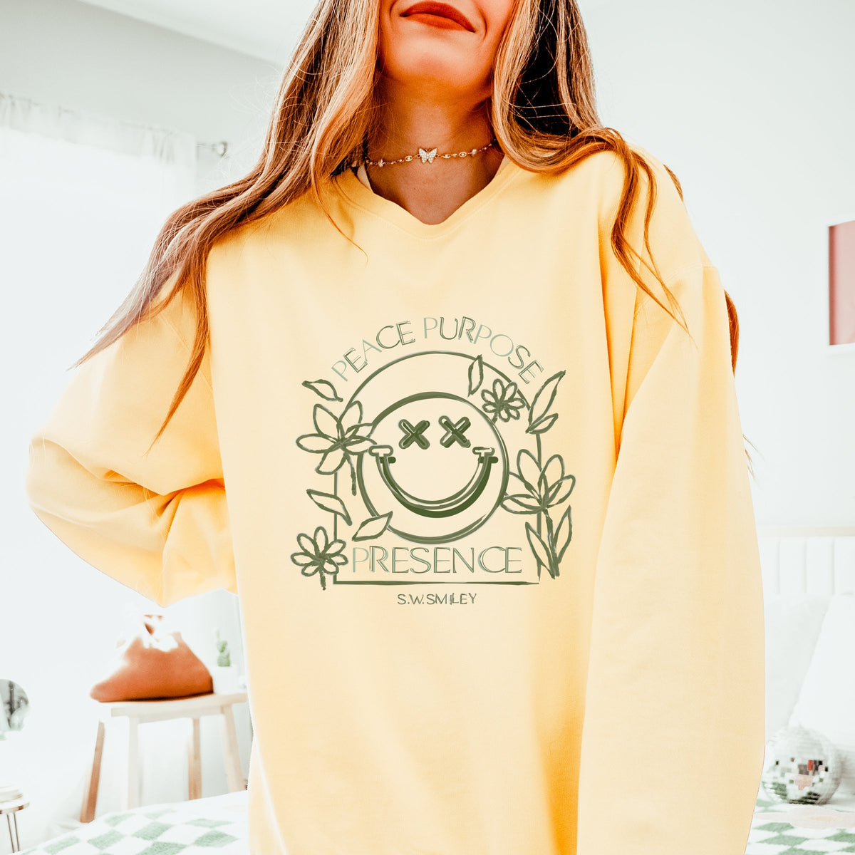 S.W.Smiley Peace Purpose Presence - Women's Lightweight Garment Dyed Sweatshirt