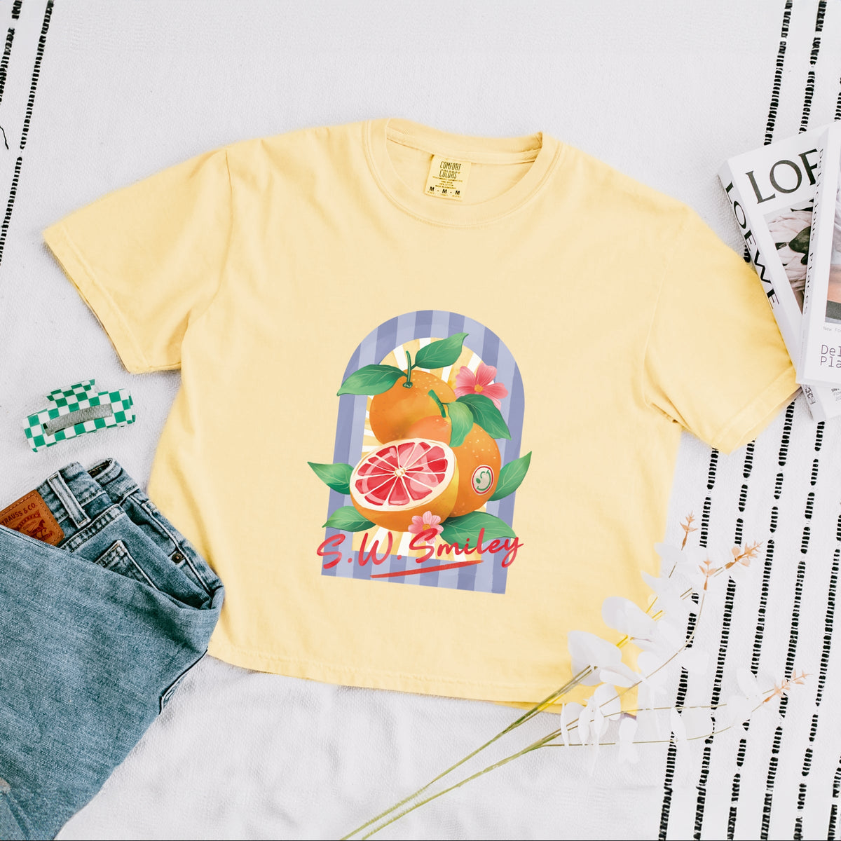 S.W.Smiley Fruits and Stripes - Women's Boxy Crop Top Graphic T-Shirt