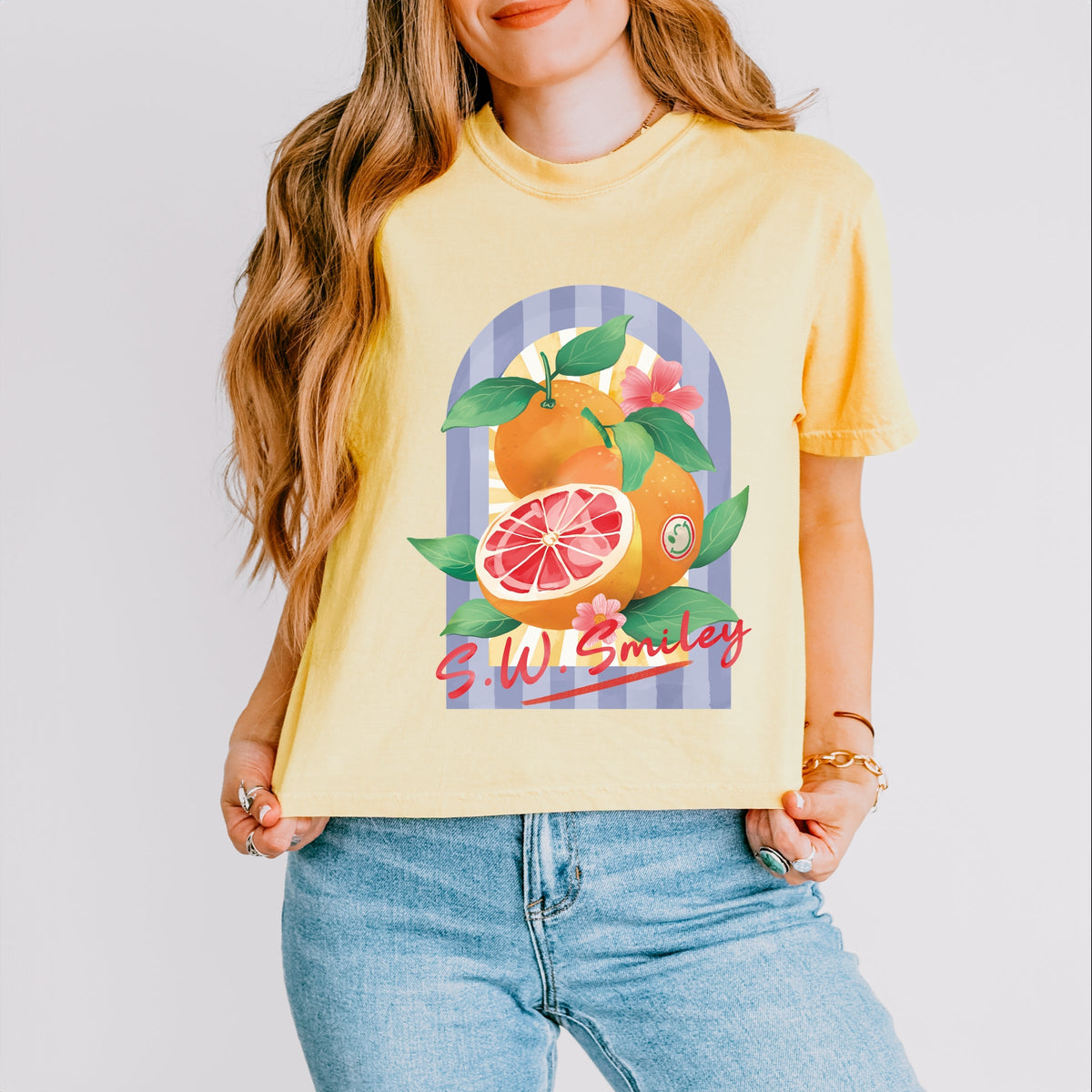 S.W.Smiley Fruits and Stripes - Women's Boxy Crop Top Graphic T-Shirt
