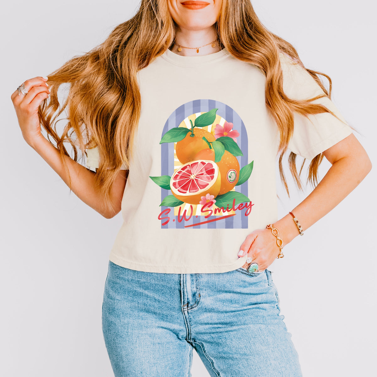 S.W.Smiley Fruits and Stripes - Women's Boxy Crop Top Graphic T-Shirt