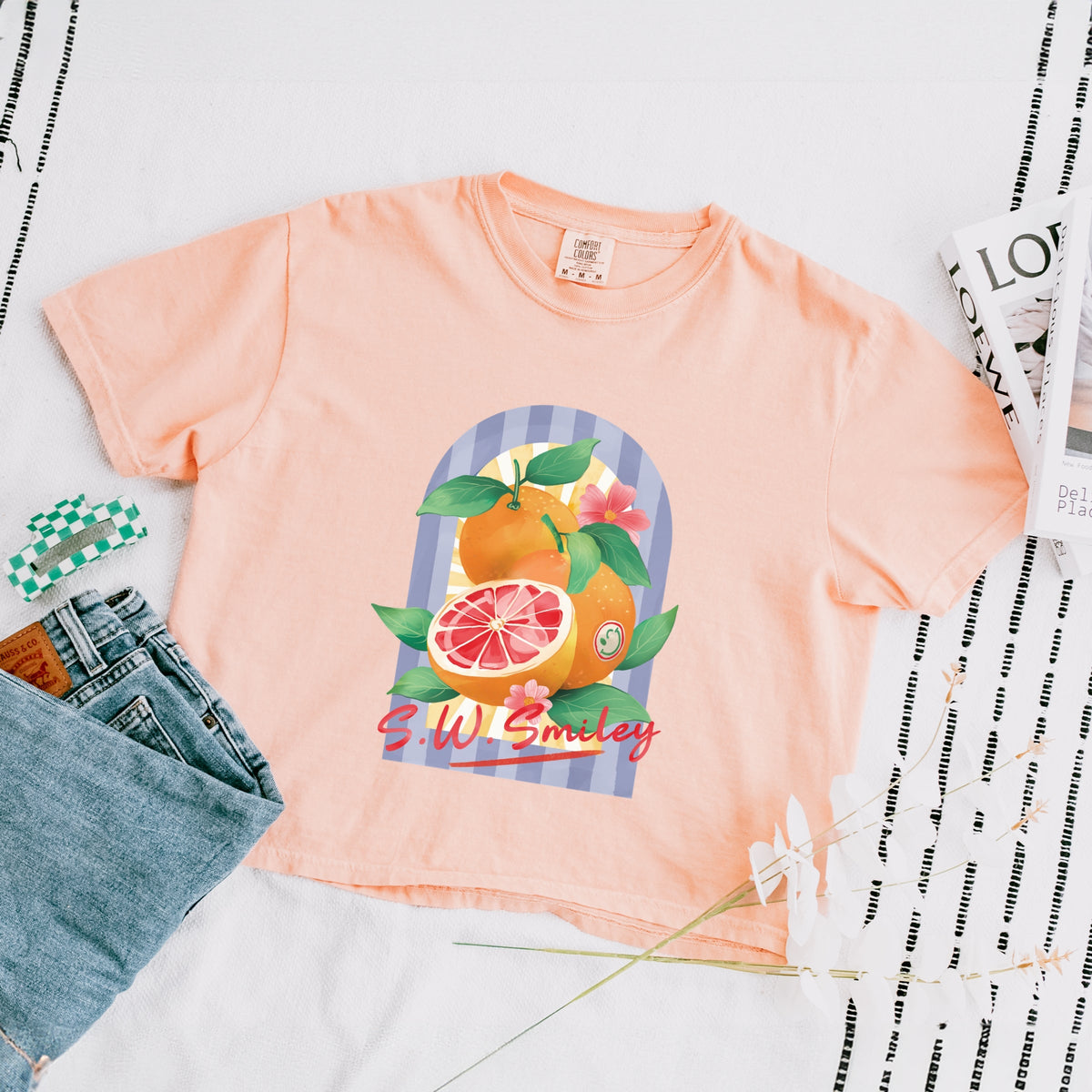 S.W.Smiley Fruits and Stripes - Women's Boxy Crop Top Graphic T-Shirt