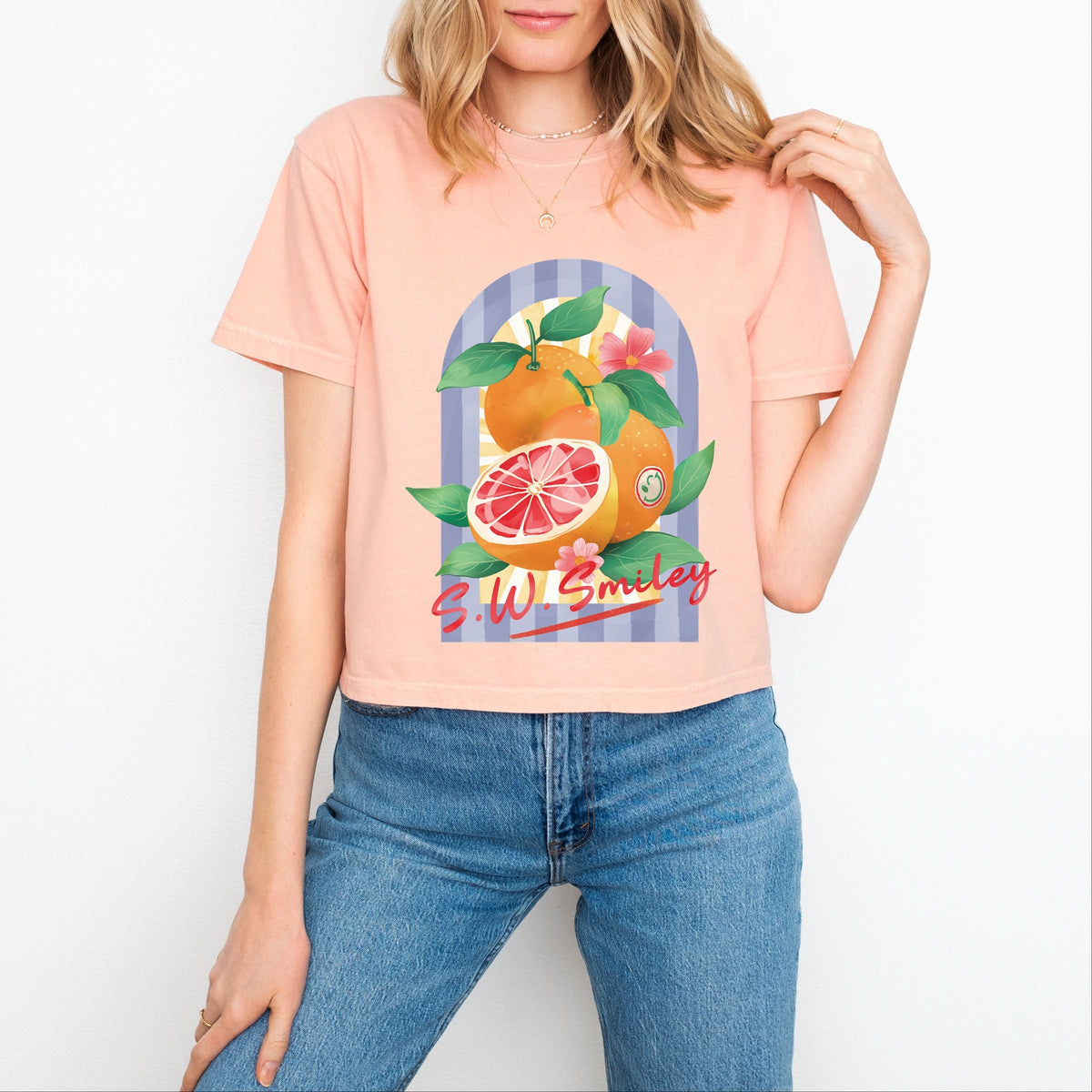 S.W.Smiley Fruits and Stripes - Women's Boxy Crop Top Graphic T-Shirt