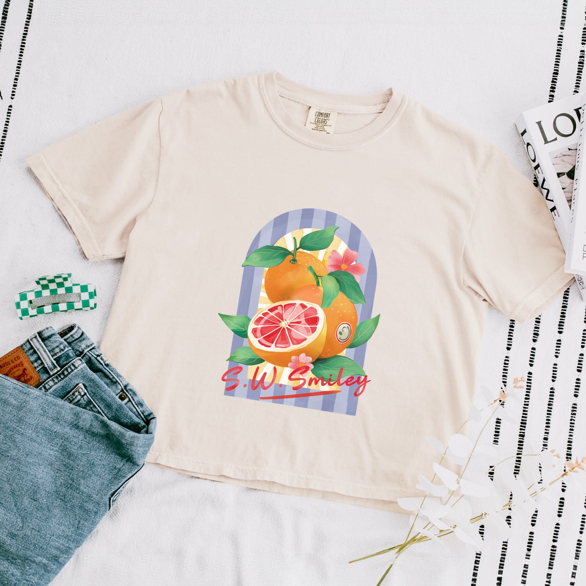 S.W.Smiley Fruits and Stripes - Women's Boxy Crop Top Graphic T-Shirt