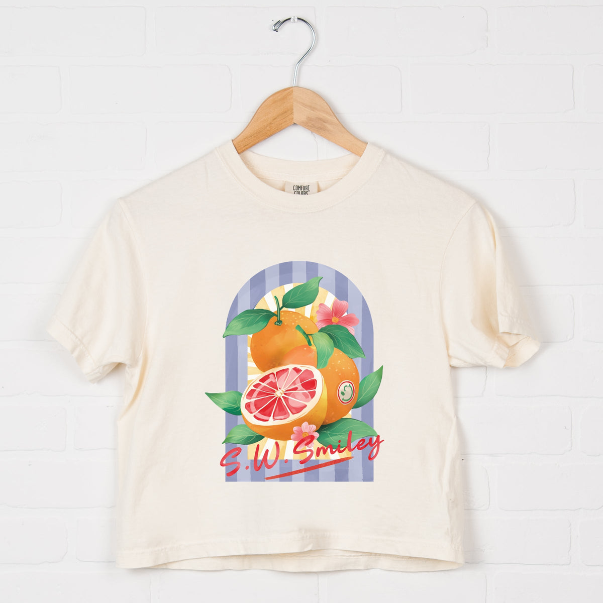 S.W.Smiley Fruits and Stripes - Women's Boxy Crop Top Graphic T-Shirt