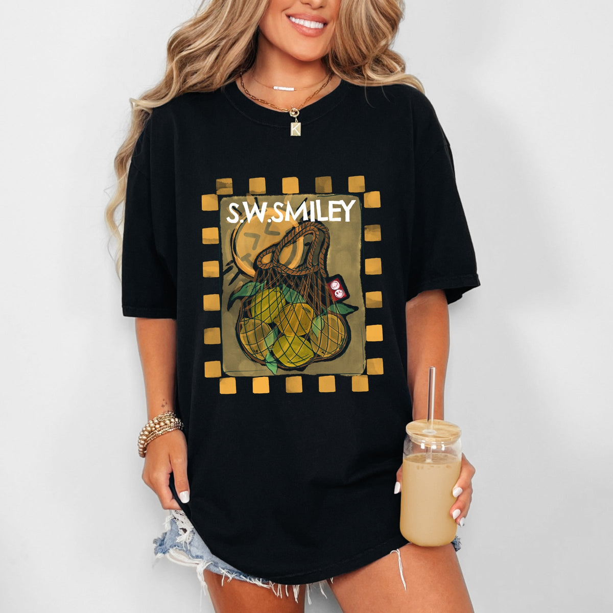 S.W.Smiley Lemon Bag - Women's Garment Dyed Graphic T-Shirt