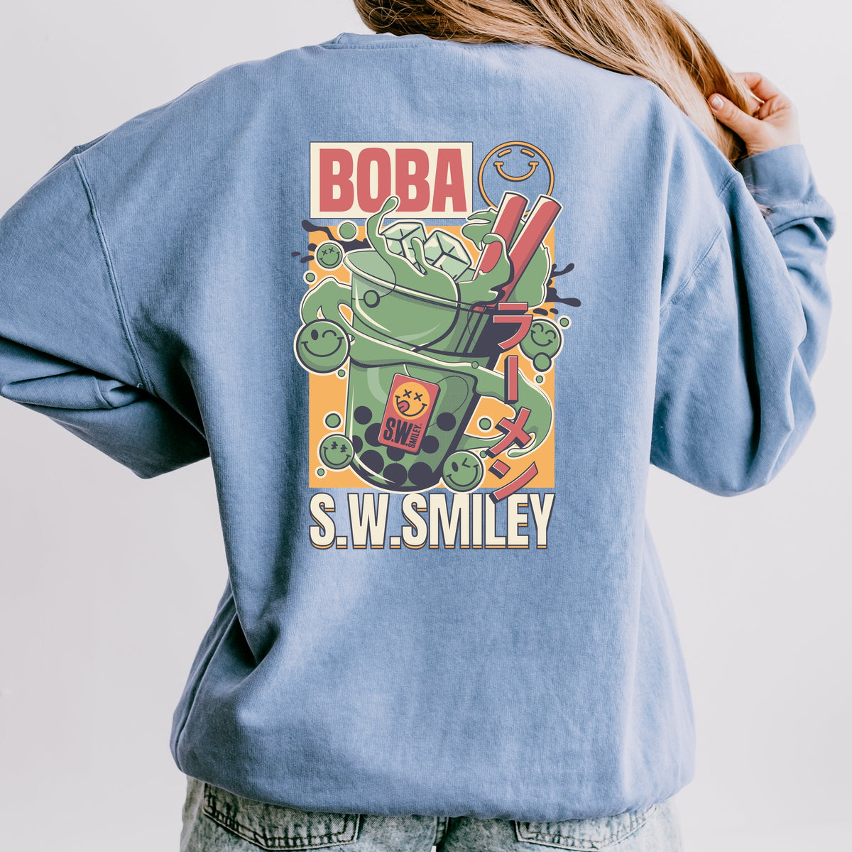 S.W.Smiley Boba - Women's Lightweight Garment Dyed Sweatshirt