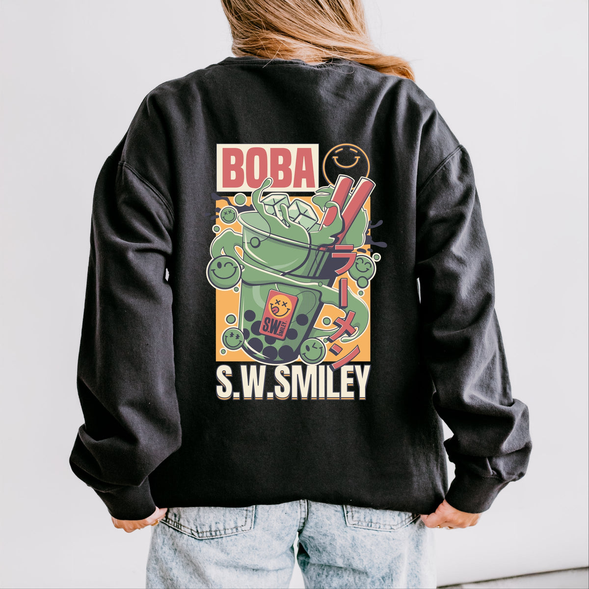 S.W.Smiley Boba - Women's Lightweight Garment Dyed Sweatshirt